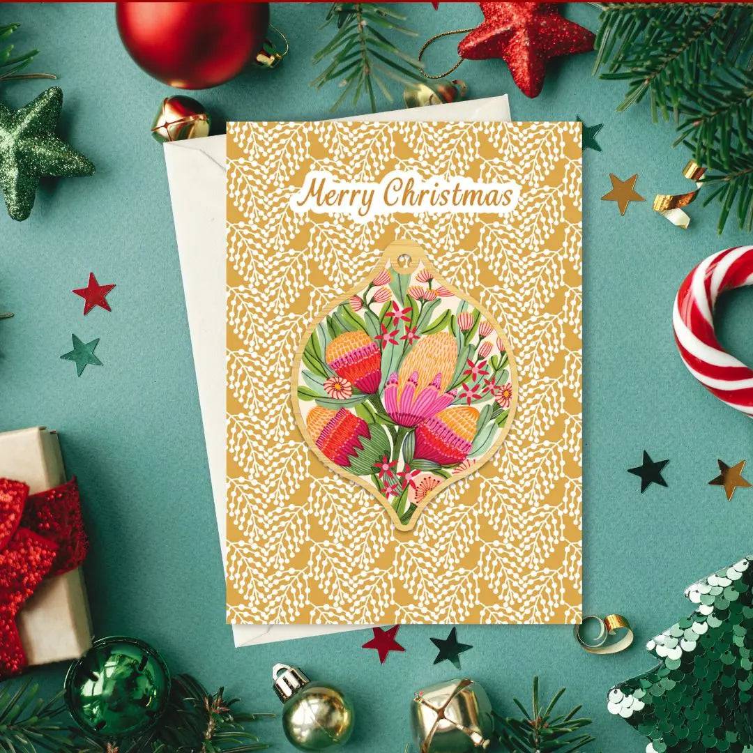 Premium Protea & Gum Flowers Australian Christmas Card & Bauble Set - Perfect for Holiday Greetings, Tree Decorations & Festive Gift Giving