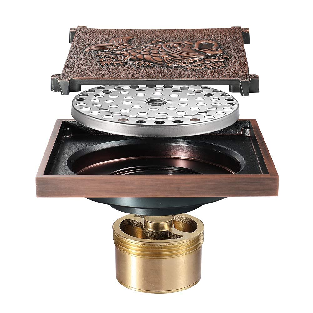 4 Inch Square Brass Shower Drain with Removable Cover Grate - Rose Gold Bathroom Floor Drain for Modern Showers | Perfect for Luxury Bathrooms, Spa Retreats & Wet Room Installations