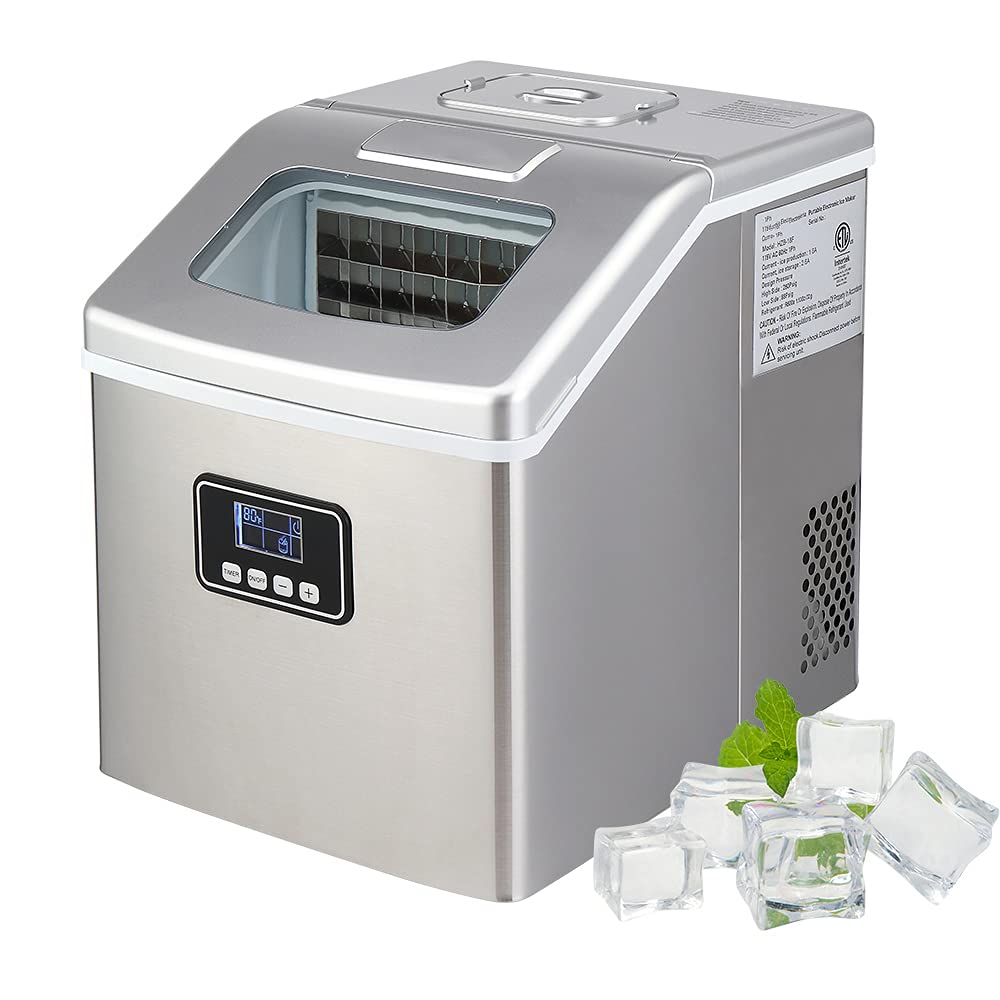 Portable Red Pig Ice Maker Machine - 40Lbs/24H, Makes 24 Ice Cubes in 13 Mins, Includes Ice Scoop & Basket, Silver - Perfect for Home, Office, Parties, Camping & RV Trips