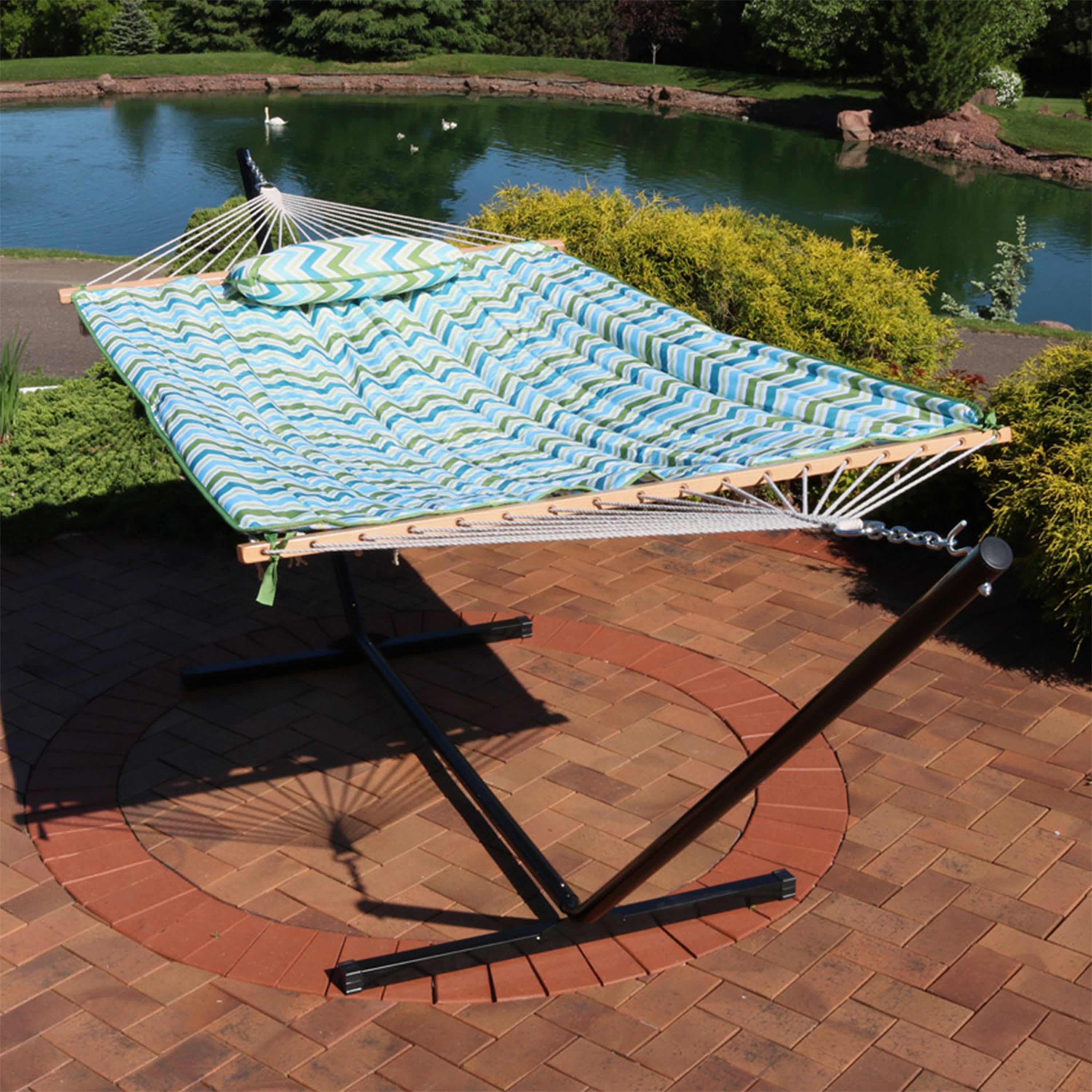 Premium Sunnydaze Rope Hammock with 12-Foot Steel Stand, Comfortable Pad & Pillow - Perfect for Backyard Relaxation, Beach Lounging & Outdoor Camping