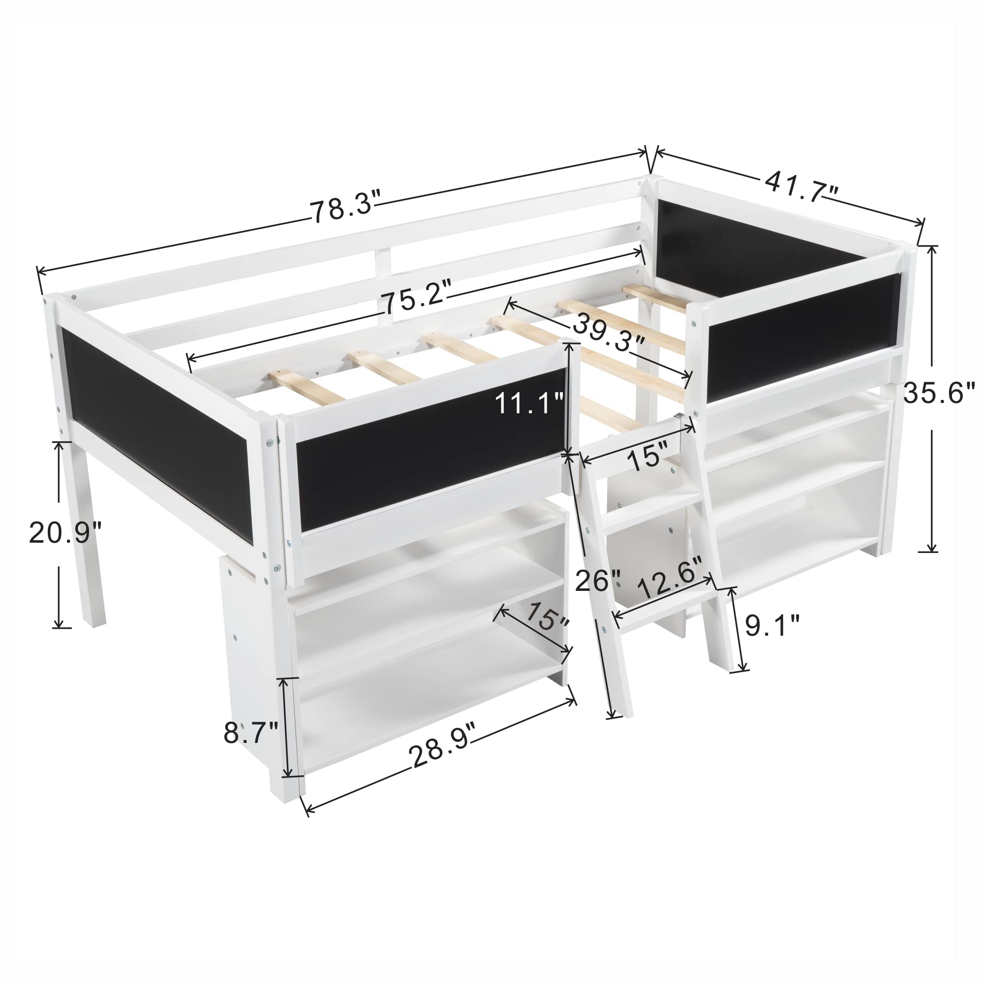 Merax Twin Size Low Loft Bed with Solid Wood Frame, Decorative Guardrail & Chalkboard - White Loft Bed with 2 Movable Shelves & Ladder - Perfect for Kids' Bedroom, Dorm Room & Small Space Living