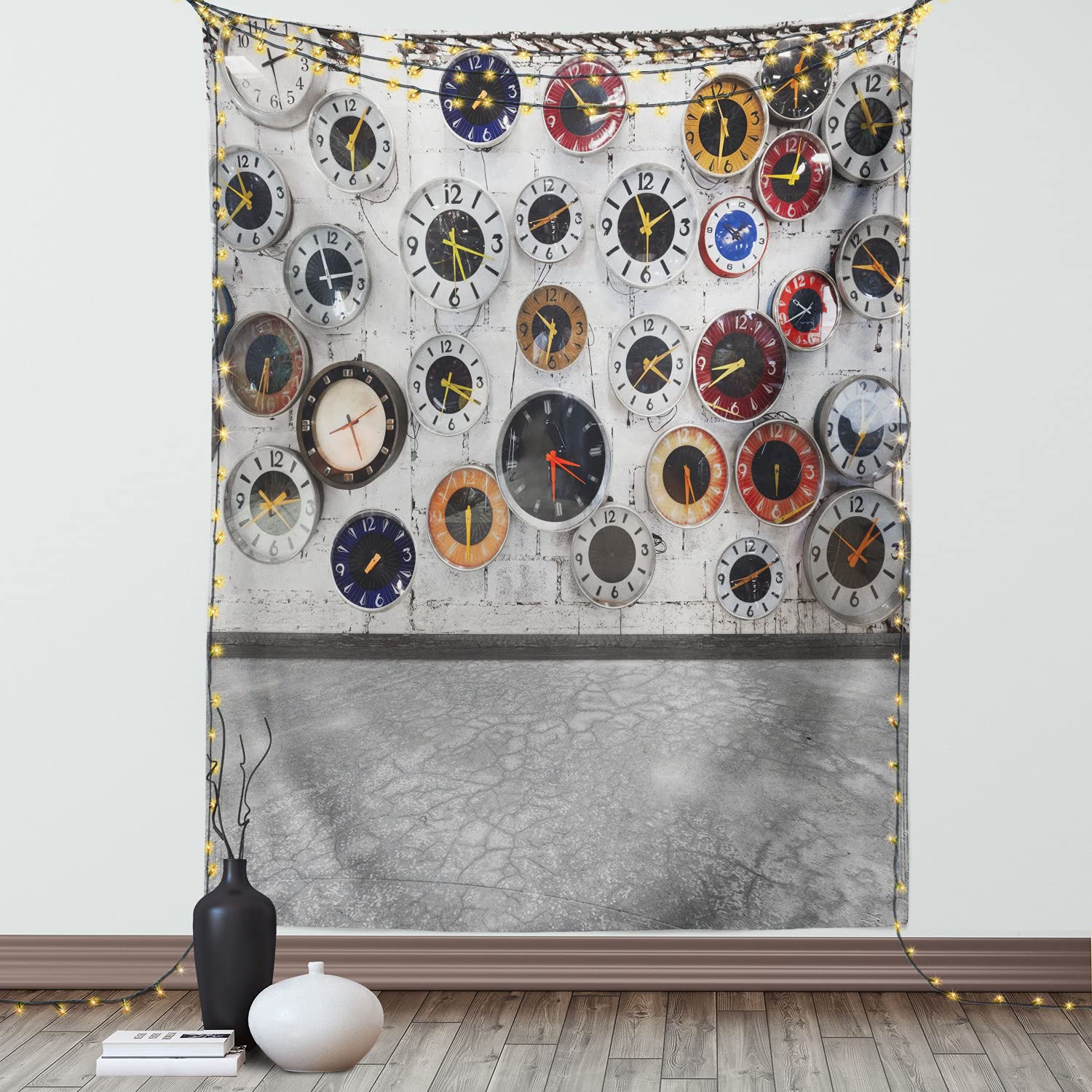 Ambesonne Modern Wall Clock Tapestry - Vivid Circular Watch Design on Grunge Brick Background - 40