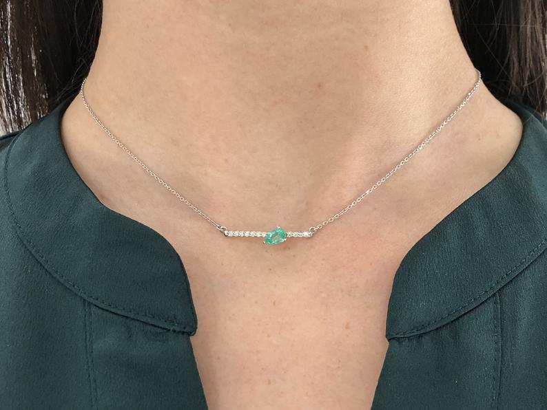 14K Gold Natural Pear Cut Emerald & Diamond Accent Bar Necklace | Elegant Jewelry for Weddings, Parties & Special Occasions