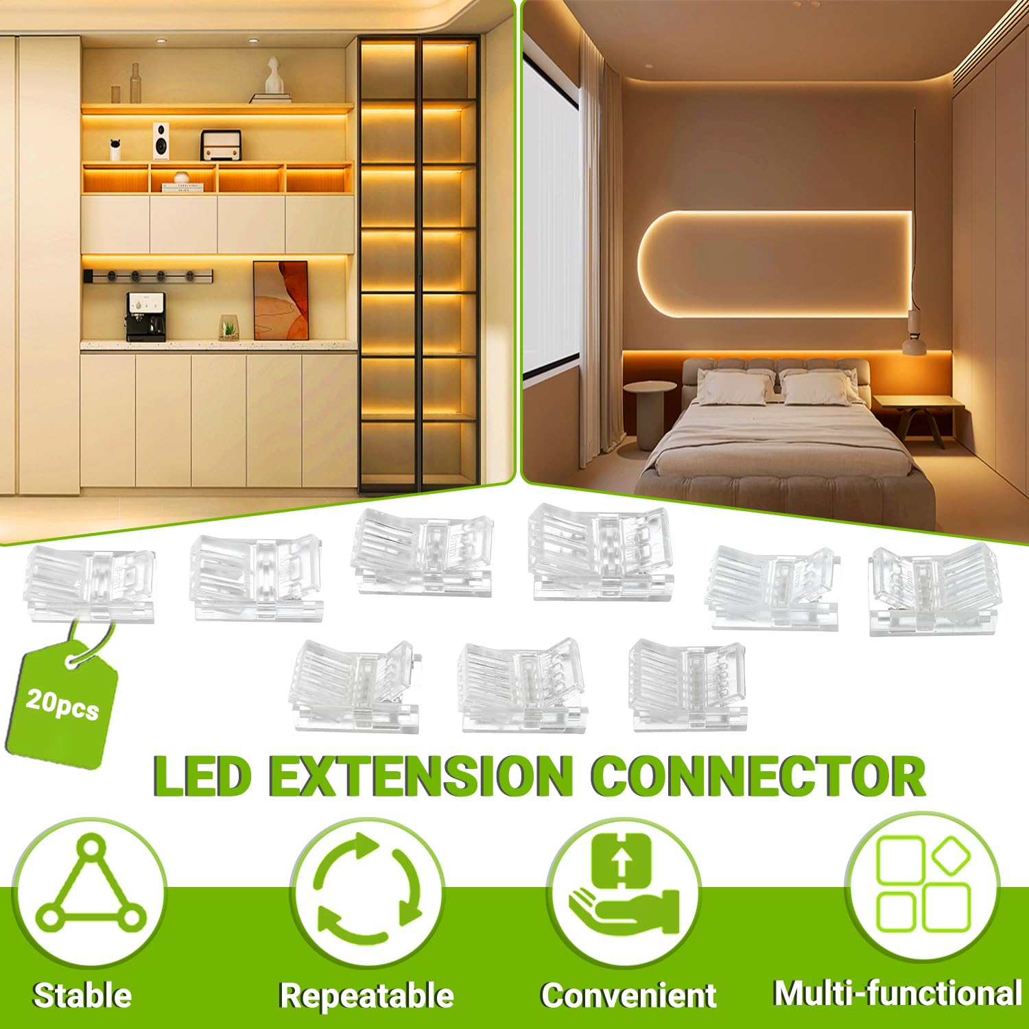 10mm 3-Pin LED Strip Connector - Clear Unwired Gapless Quick Connect Adapter for 5050 RGB LED Light Strips (20 Pack) - Perfect for Home, Office, and DIY Lighting Projects