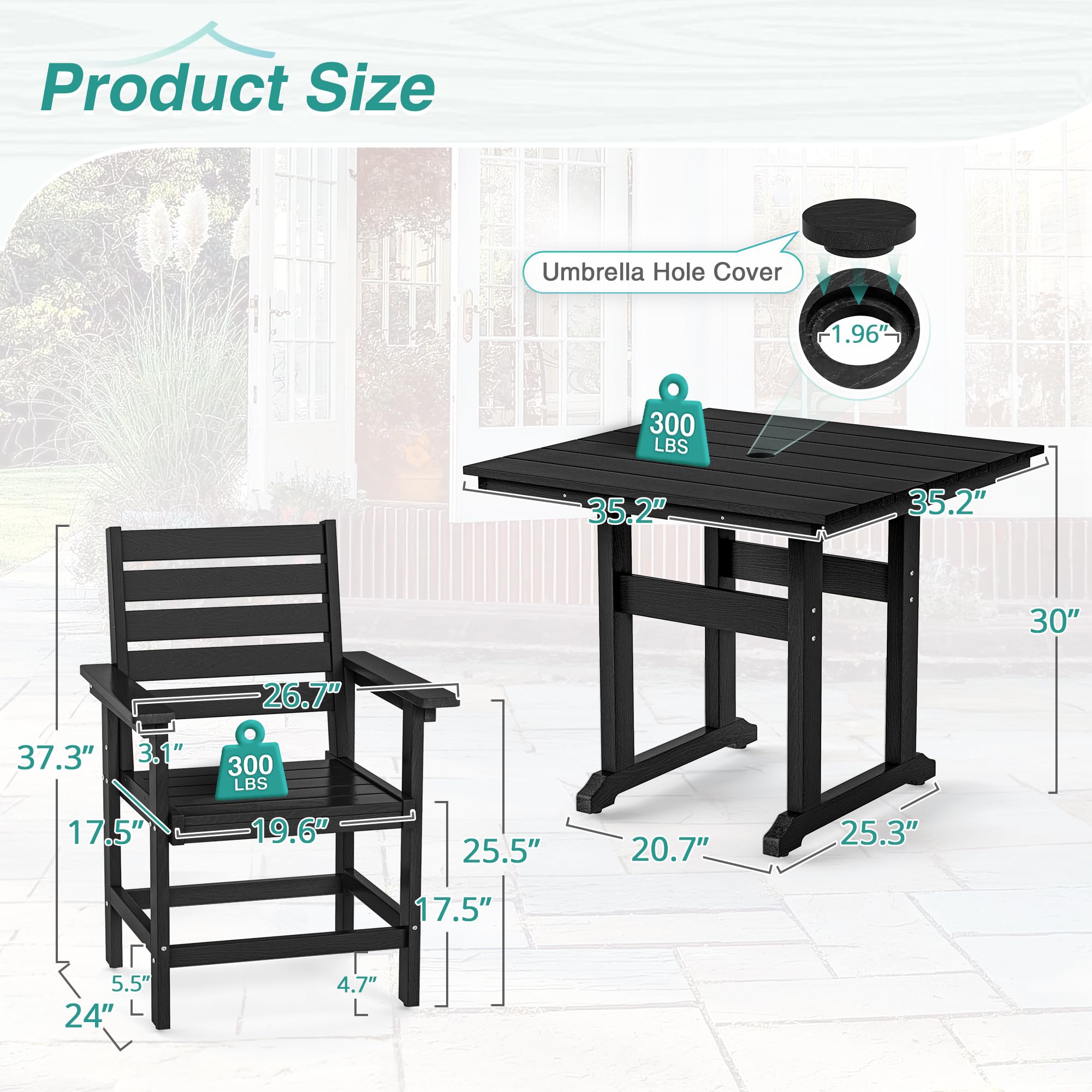 5-Piece Outdoor Patio Dining Set - Square Weather-Resistant HDPE Table with 4 Chairs & 1.95