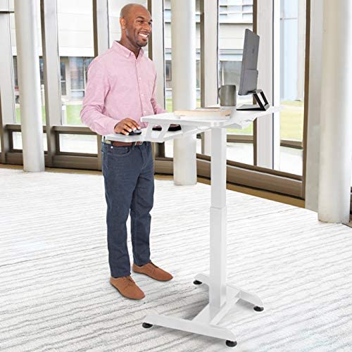 Stand Steady Cruizer Premier Electric Mobile Podium Desk with Keyboard Tray - Adjustable Height Sit Stand Desk with Wheels & Programmable Control Pad - Portable Lectern for Office, Classroom, Conference & Home Use (White)