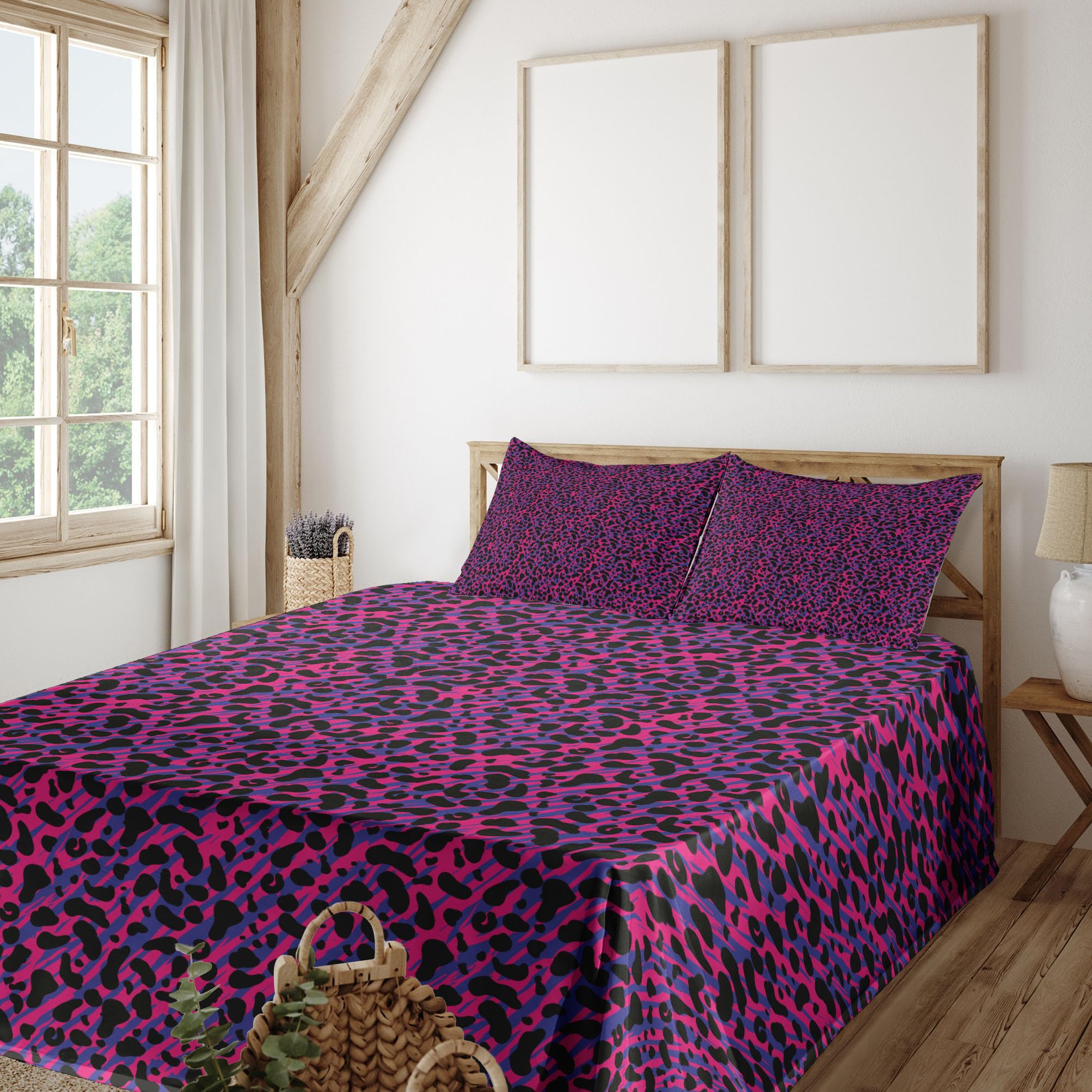 Ambesonne 4-Piece Jungle Sheet Set - 80s Vintage Leopard & Tiger Savannah Print Bedding, Full Size, Royal Blue & Hot Pink - Soft Fitted & Flat Sheets with Pillowcases for Tropical & Retro Bedroom Decor