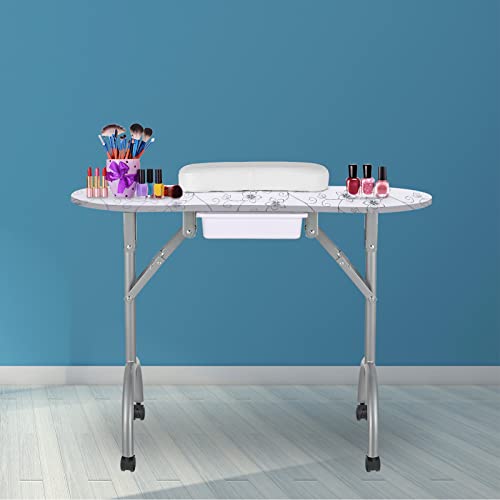 LEIBOU Professional 36-Inch Portable Foldable Manicure Table with Wheels & Drawer - Nail Technician Desk Workstation for Salon & Home Use - Includes Sponge & Free Carrying Bag (Patterned Design) - Perfect for Mobile Nail Artists & Beauty Professionals