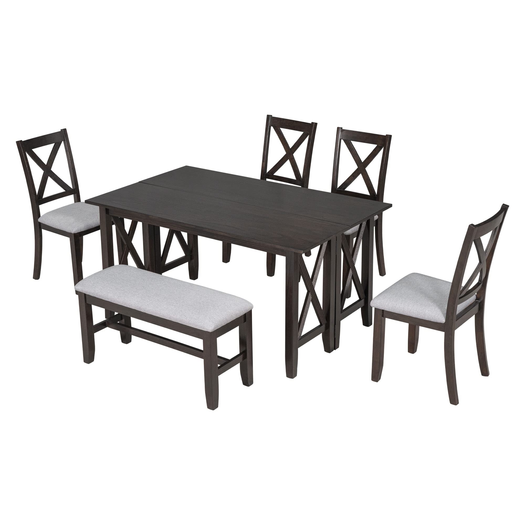 Harper & Bright Designs 6-Piece Rustic Dining Table Set - Wood Folding Dinette Table with 4 Upholstered Chairs & Bench, Espresso Finish - Perfect for Small Kitchen, Breakfast Nook or Apartment Dining Space (Seats 6)