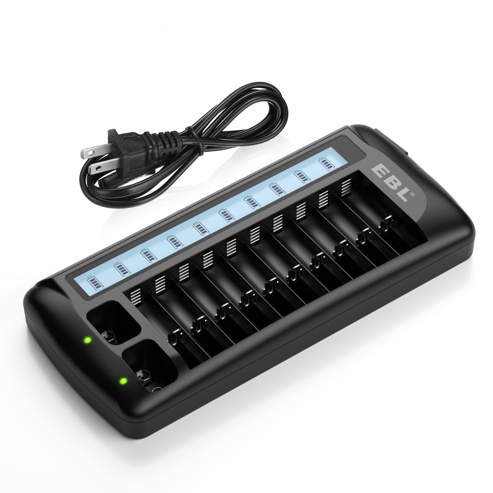 EBL 12 Bay LCD Universal Battery Charger for AA AAA 9V NiMH NiCd Rechargeable Batteries - Fast Charging for Home, Office, and Emergency Use