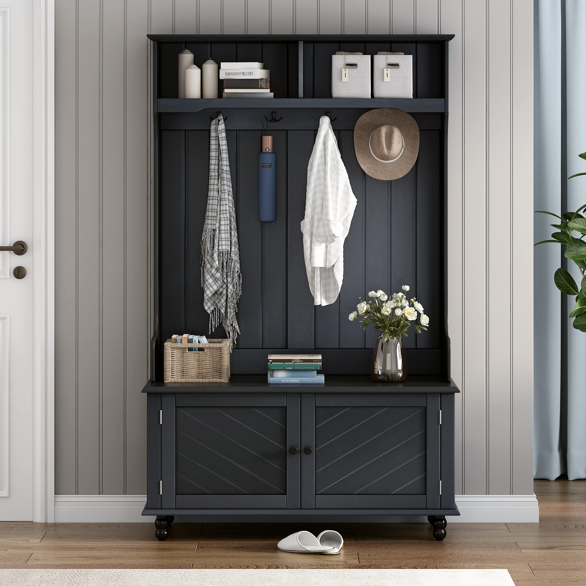 Merax 3-in-1 Hall Tree with 4 Hooks & Storage Bench - Entryway Organizer with Coat Hanger, 2 Open Shelves - Perfect for Entrance, Hallway, Mudroom (Black) - Ideal for Small Spaces & Home Organization