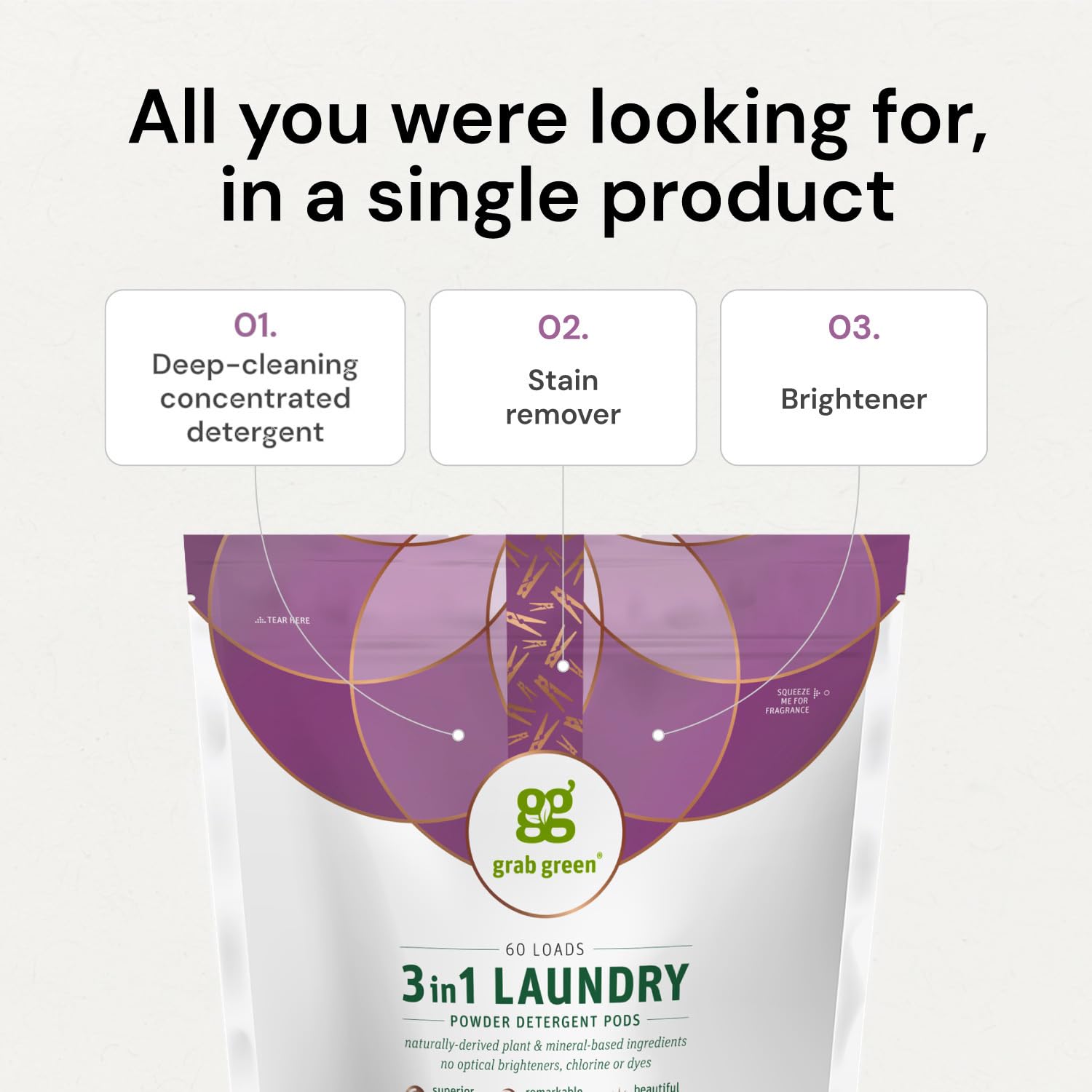 Grab Green 3-in-1 Laundry Detergent Pods, 24 Count - Lavender Vanilla Scent, Plant & Mineral Based, Powerful Stain Remover & Clothes Brightener | Ideal for Everyday Laundry, Travel & Eco-Friendly Cleaning