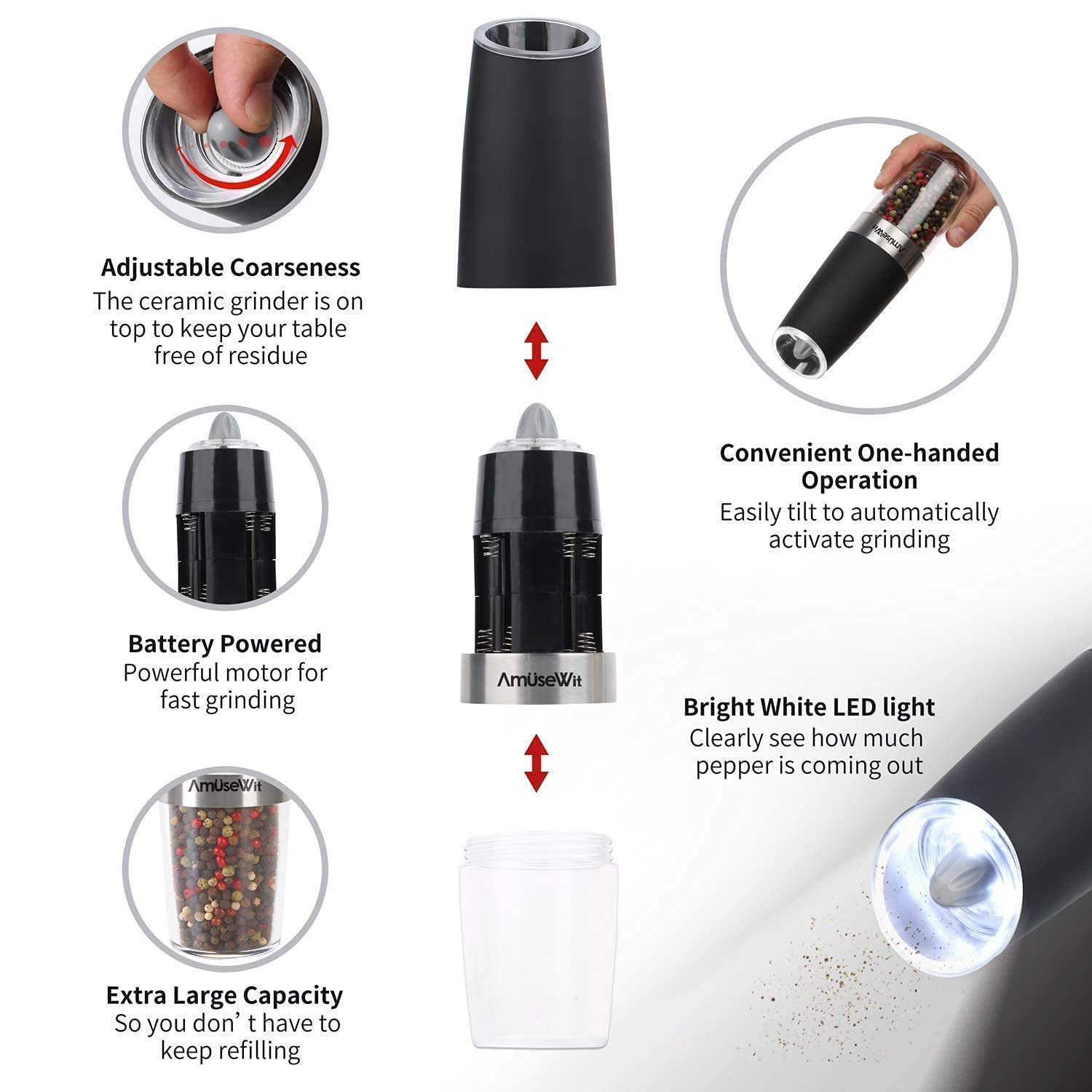 AmuseWit 4-Piece Electric Gravity Salt and Pepper Grinder Set - Battery Powered Automatic Mill with Adjustable Coarseness, One-Hand Operation, LED Light & Cleaning Brush - Perfect for Kitchen, Dining Table, Camping & Gifts