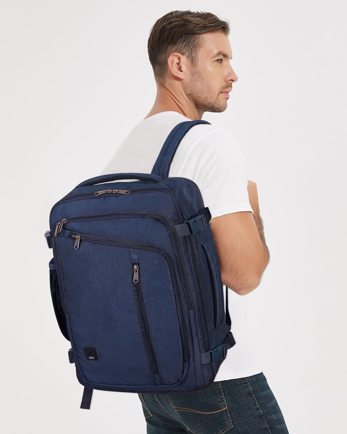 WANDF Expandable 17 Inch Laptop Backpack - Airline Approved Carry-On Bag 18x14x8 with Water-Resistant Pocket for Men & Women (Navy Blue) - Perfect for Travel, Work & School