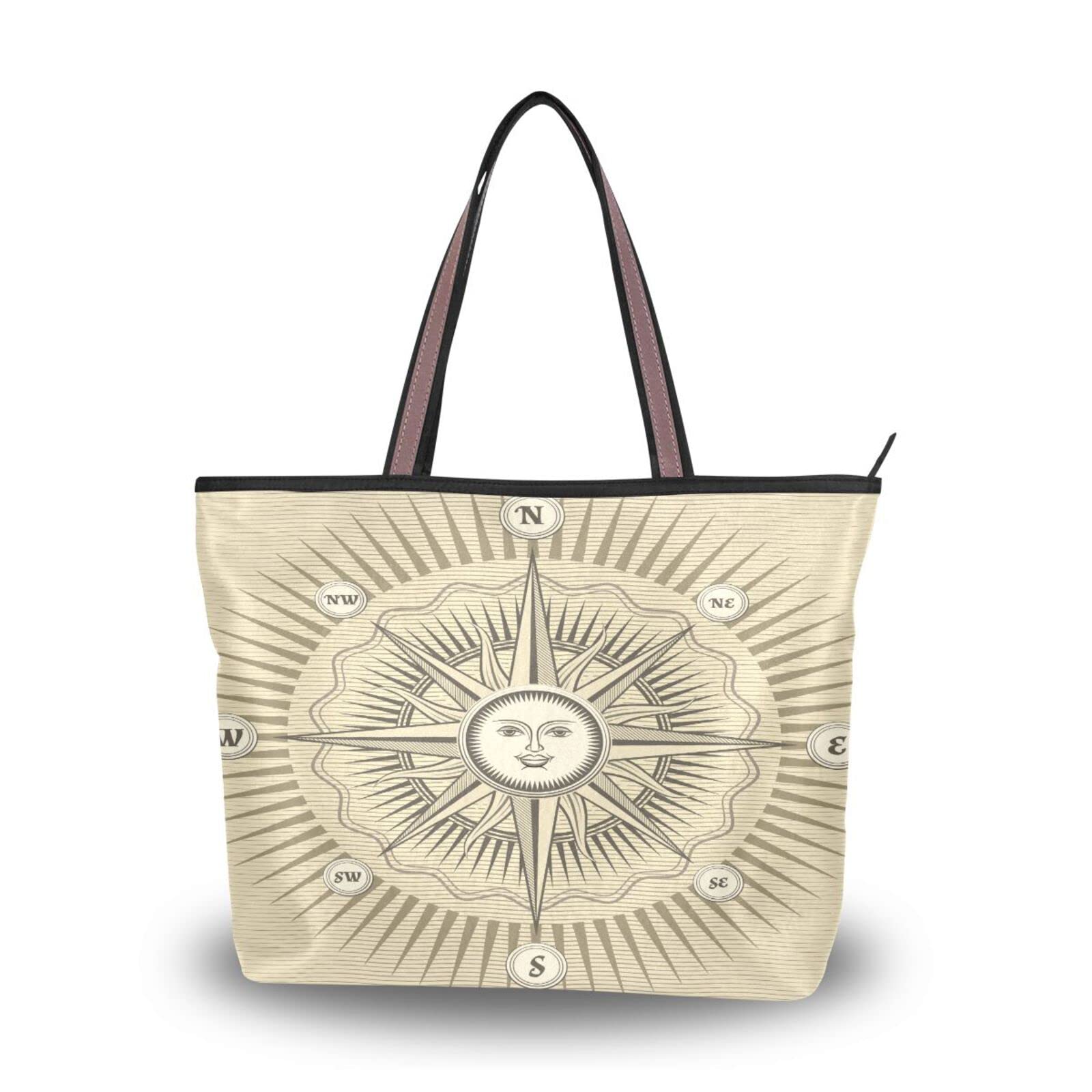 Stylish Compass Rose & Sun Tote Bag for Women - Reusable Shoulder Handbag, Perfect for Beach, Travel & Everyday Use