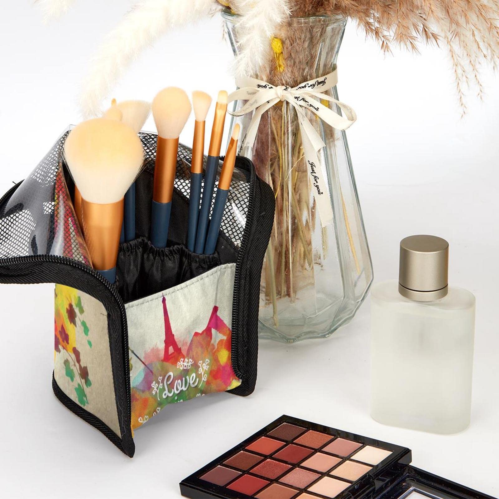 Watercolor Love in Paris Makeup Brush Organizer Bag with 12 Brushes - Portable Travel Makeup Brush Holder Case for Professional Artists & Beginners - Perfect for Home, Travel, and Salon Use