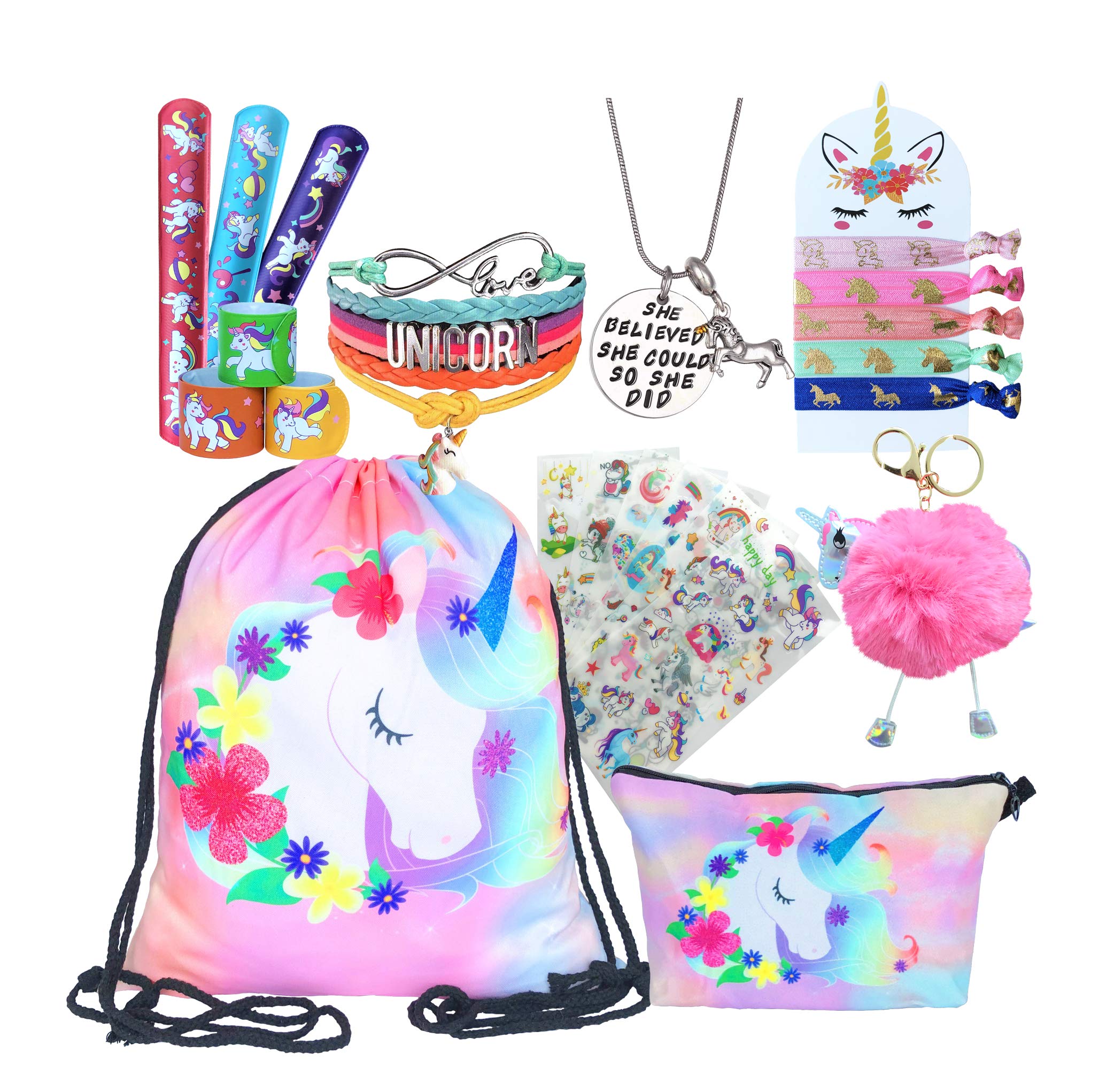 Unicorn Gifts for Girls - Cute Unicorn Drawstring Backpack, Makeup Bag, Jewelry Set with Bracelet, Necklace, Hair Ties, Keychain & Stickers (Flower Head Design) - Perfect for Birthday, Christmas, School & Travel Accessories