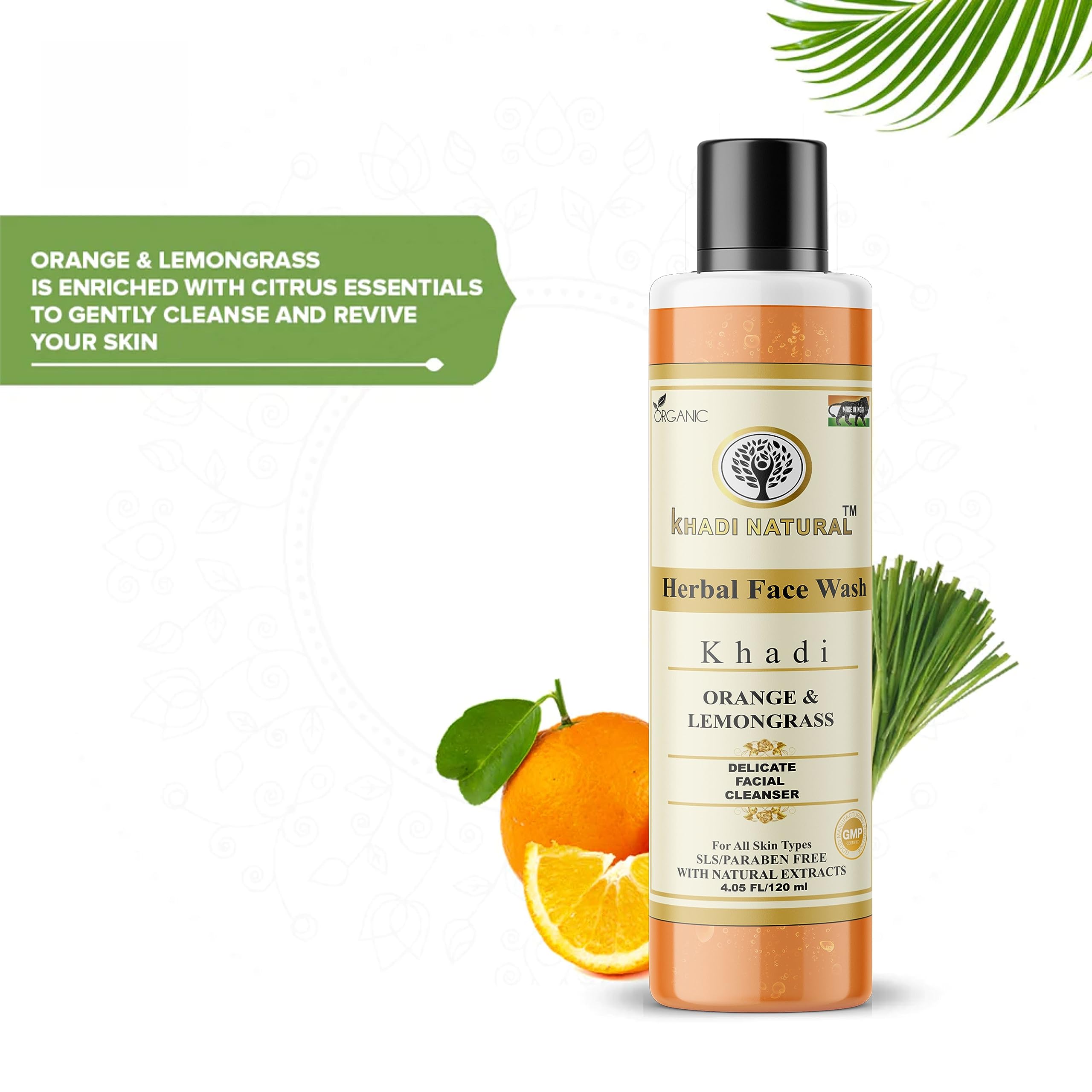Khadi Natural Orange & Lemongrass Herbal Face Wash for Dry Skin - Organic & Chemical-Free Cleanser for Healthy Glowing Skin (2 Pack, 120ml) - Perfect for Morning & Night Skincare Routine