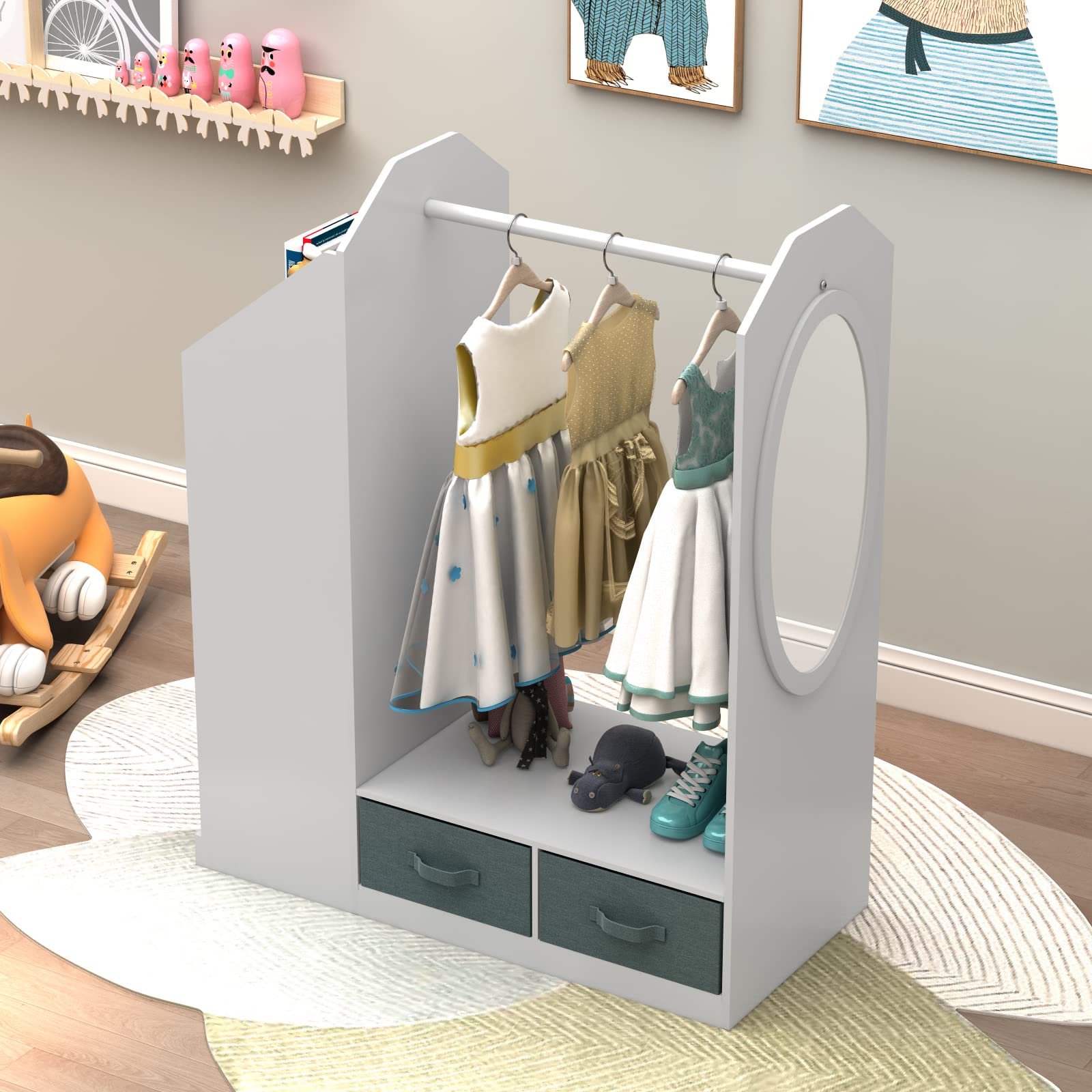 Kids Costume Organizer & Dress Up Storage Rack with Mirror & Storage Bin - Open Hanging Play Armoire Dresser for Pretend Play & Toy Organization - Perfect for Bedroom, Playroom & Daycare Storage Solutions