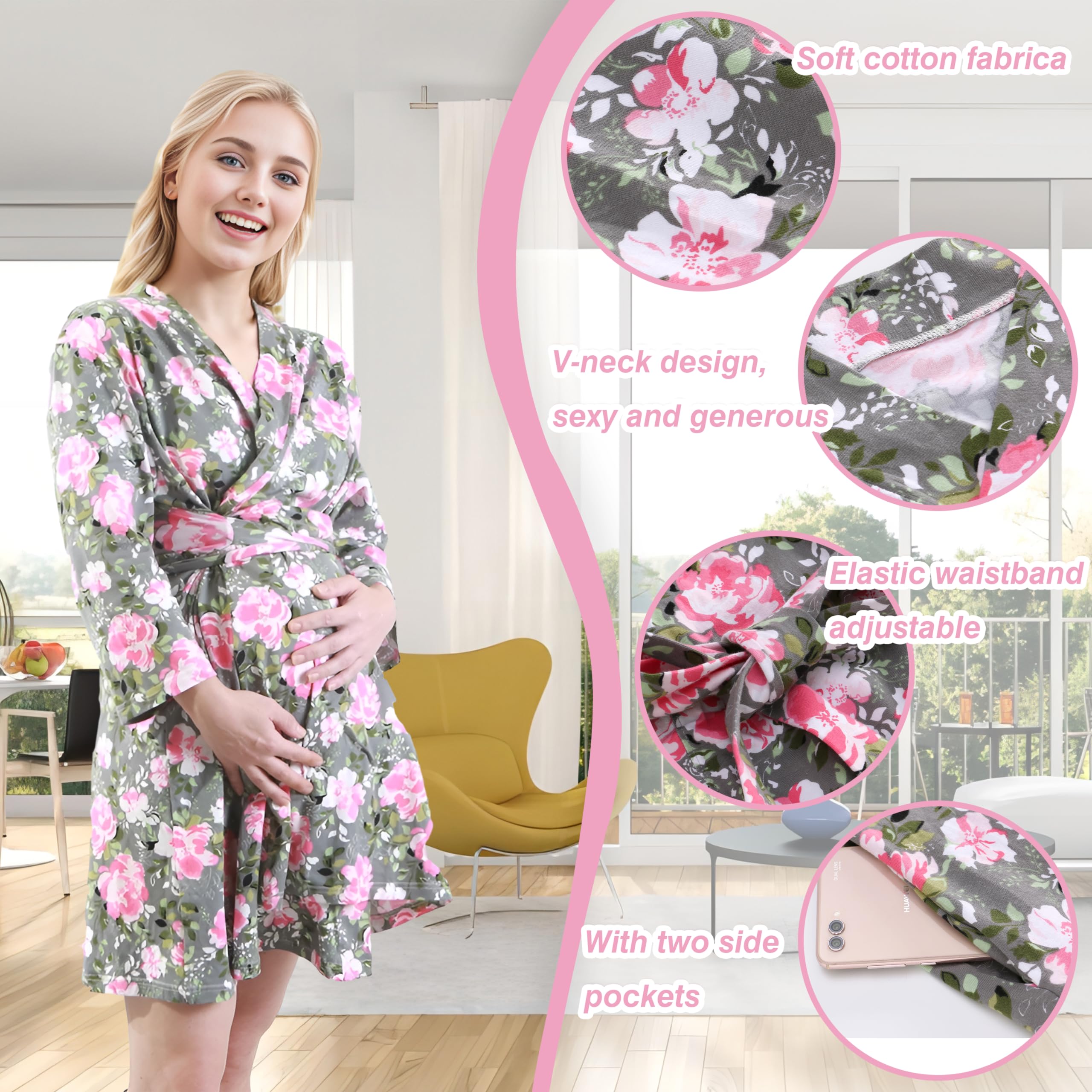 4 Pack Maternity Robe & Baby Swaddle Set with Hat - Stretchy Nursing Dress with Pockets, Soft Receiving Blanket for Mom & Newborn (Grey Floral) - Perfect for Hospital Delivery, Breastfeeding & Newborn Photo Shoots