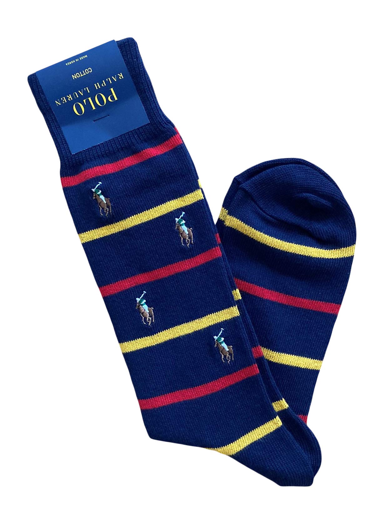 Polo Ralph Lauren Men's Dress Socks - Striped Cotton Crew Socks with Iconic Pony Logo in Navy Blue | Perfect for Business, Office & Formal Occasions