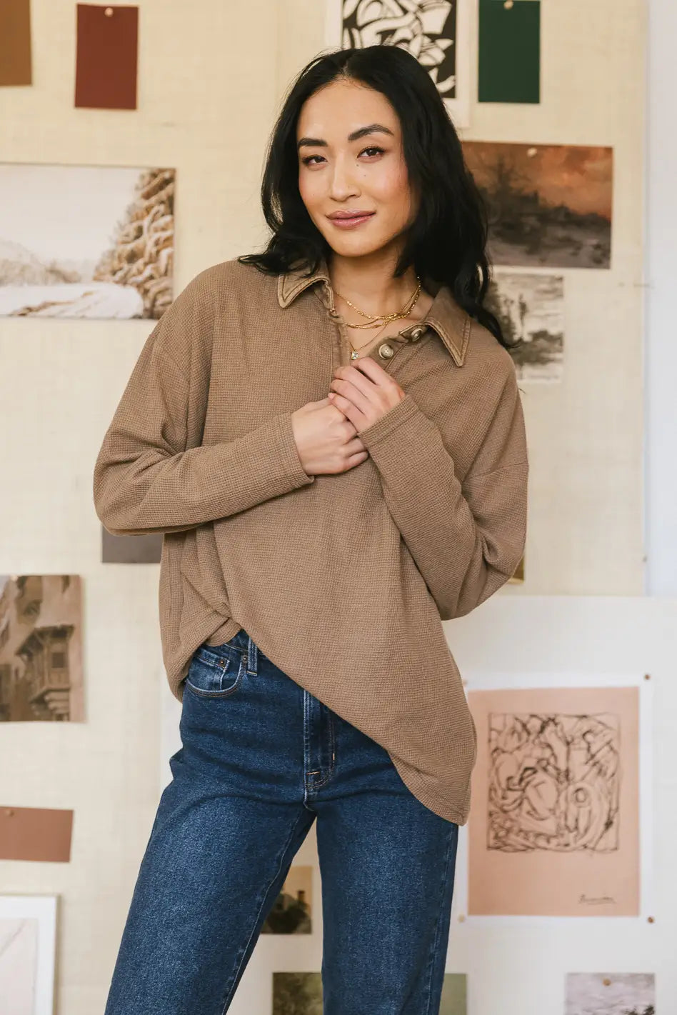 Isabelle Waffle Knit Henley Top Women's Casual Long Sleeve Shirt in Mocha Brown | Cozy Fall Winter Layering Piece for Coffee Dates & Weekend Outfits
