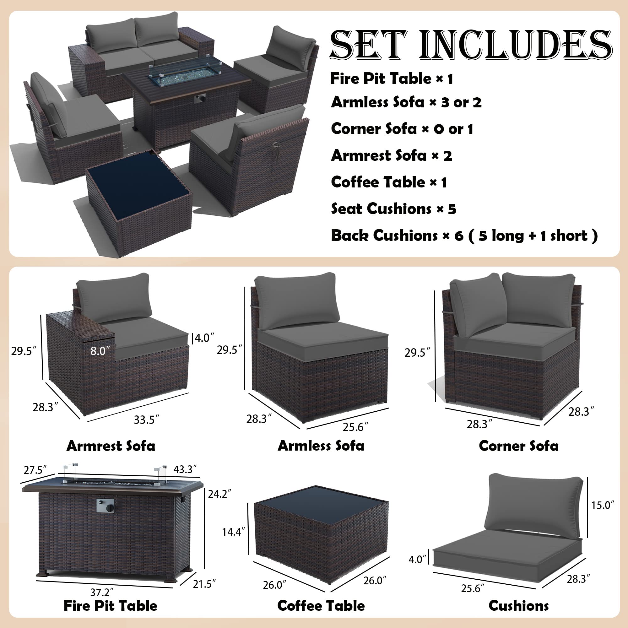 Gotland 7-Piece Outdoor Patio Furniture Set with 43-inch Gas Fire Pit Table - 55,000 BTU Auto-Ignition Sectional Sofa Set with Glass Wind Guard - Perfect for Backyard, Garden, and Poolside Relaxation