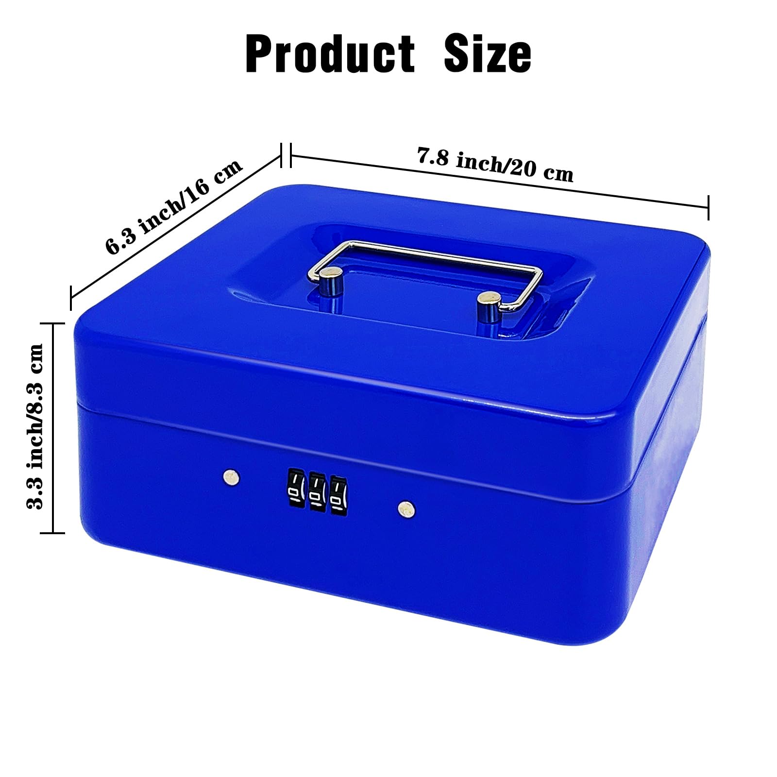 Heavy Duty Steel Cash Box with 4-Digit Combination Lock - Portable Metal Money Organizer with Removable Tray & Locking Cover - Secure Cash Storage Box for Home, Office, Retail (Blue, 7.9