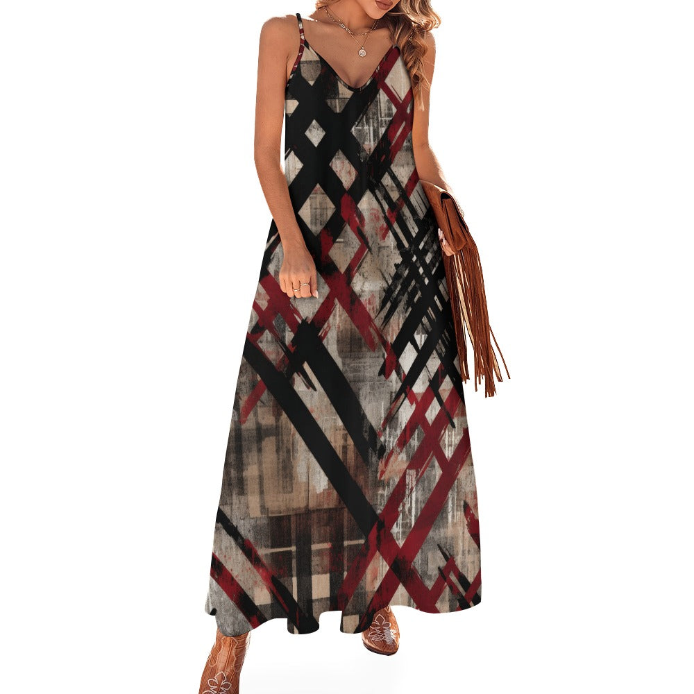 Vintage Distressed Plaid Sling Ankle-Length Dress for Women - Boho Chic Long Dress for Casual Outings, Date Nights & Fall Fashion