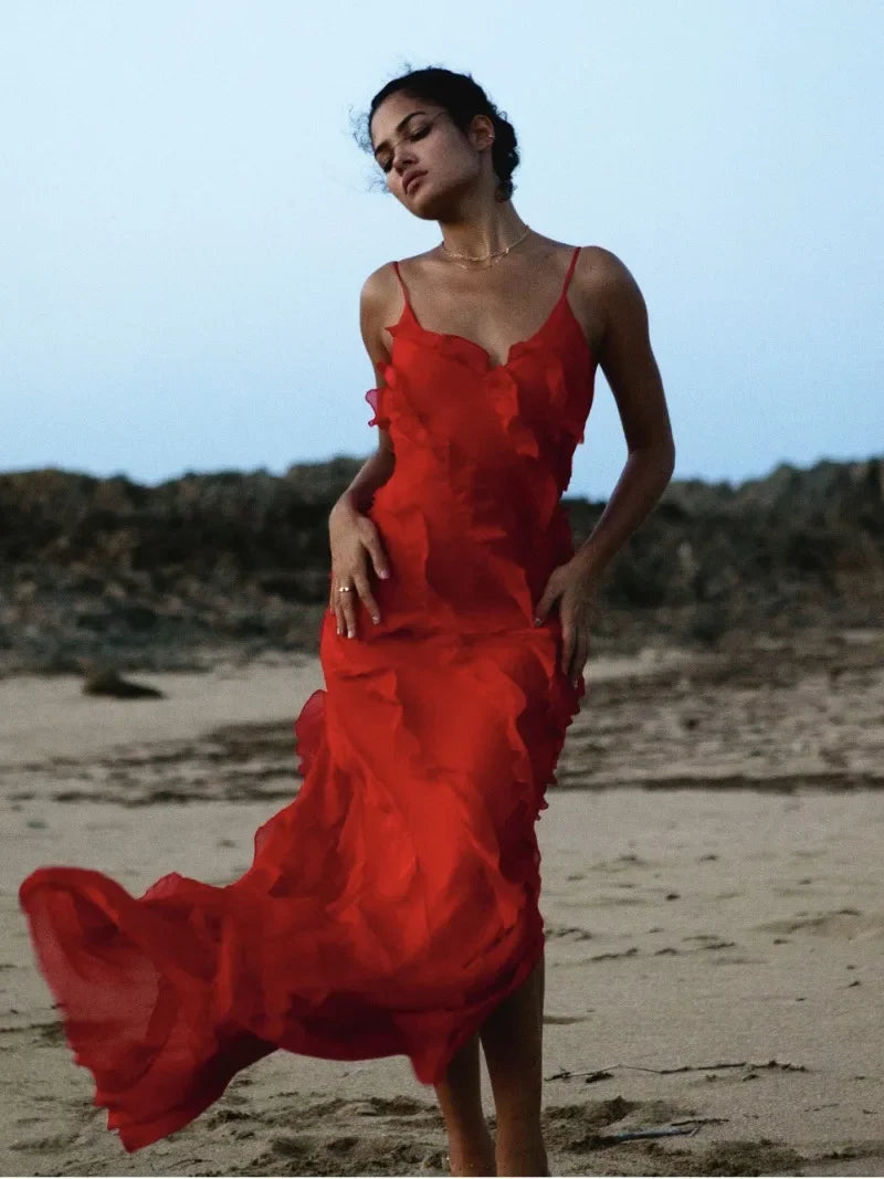 Elegant Red Chiffon Slip Dress for Women - Sexy Spaghetti Strap Backless Lace Up Ruffles Long Maxi Evening Gown | Perfect for Prom, Party, Wedding Guest & Special Occasions