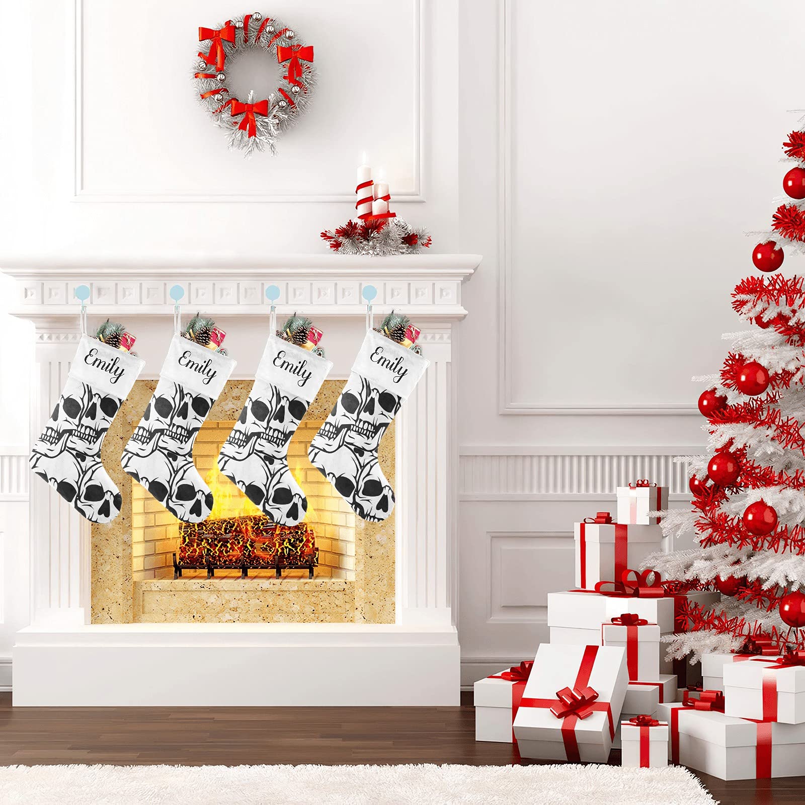 Personalized Black Skull Christmas Stockings - Custom Name Embroidered Holiday Decor (17.52x7.87 Inch) - Perfect for Gothic Xmas, Halloween-Christmas Transition & Alternative Holiday Gift Giving