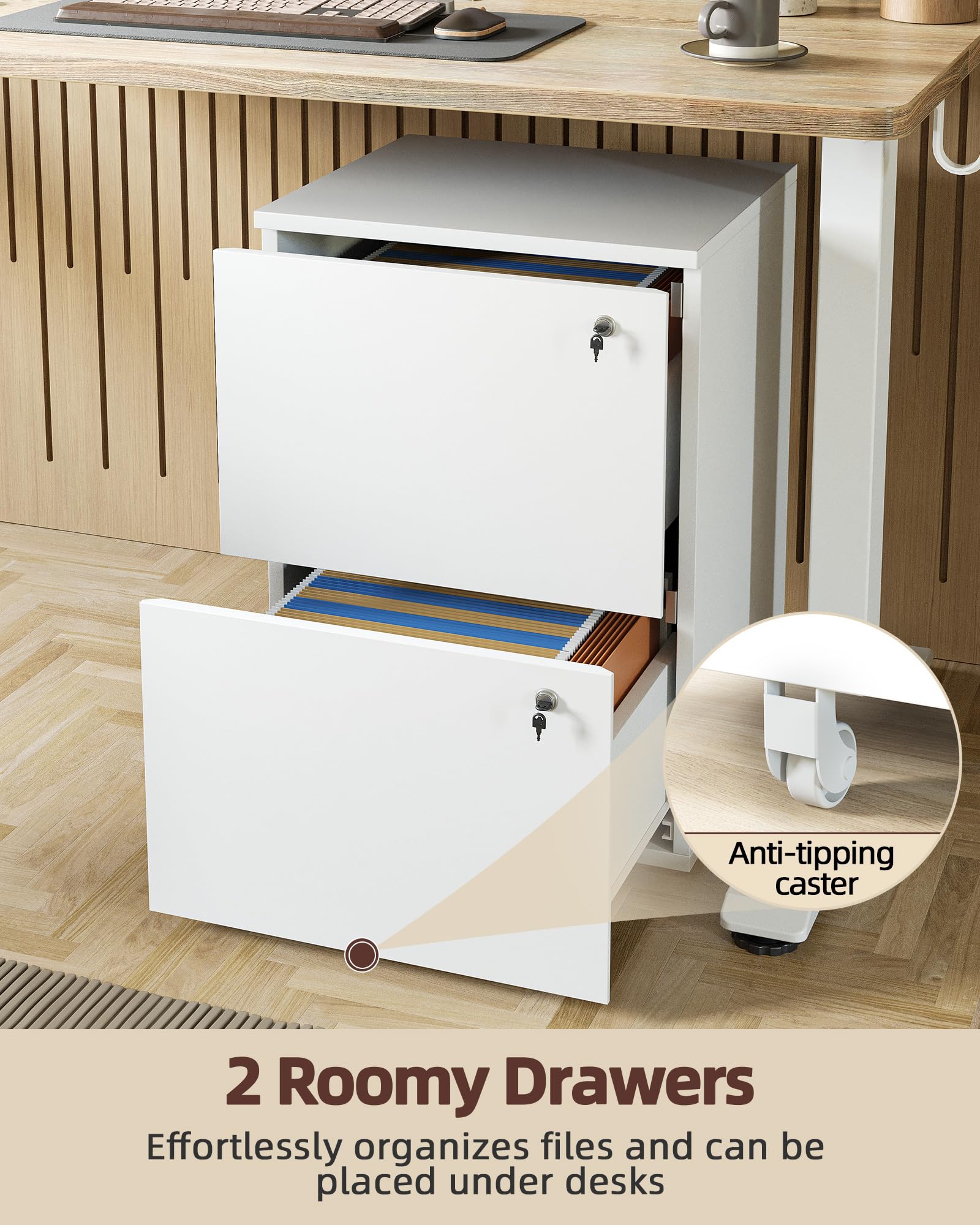 TIQLAB 2 Drawer Mobile File Cabinet - White Vertical Storage for Letter, Legal & A4 Documents - Perfect for Home Office & Under Desk Organization - Compact File Organizer for Papers, Folders & Office Supplies