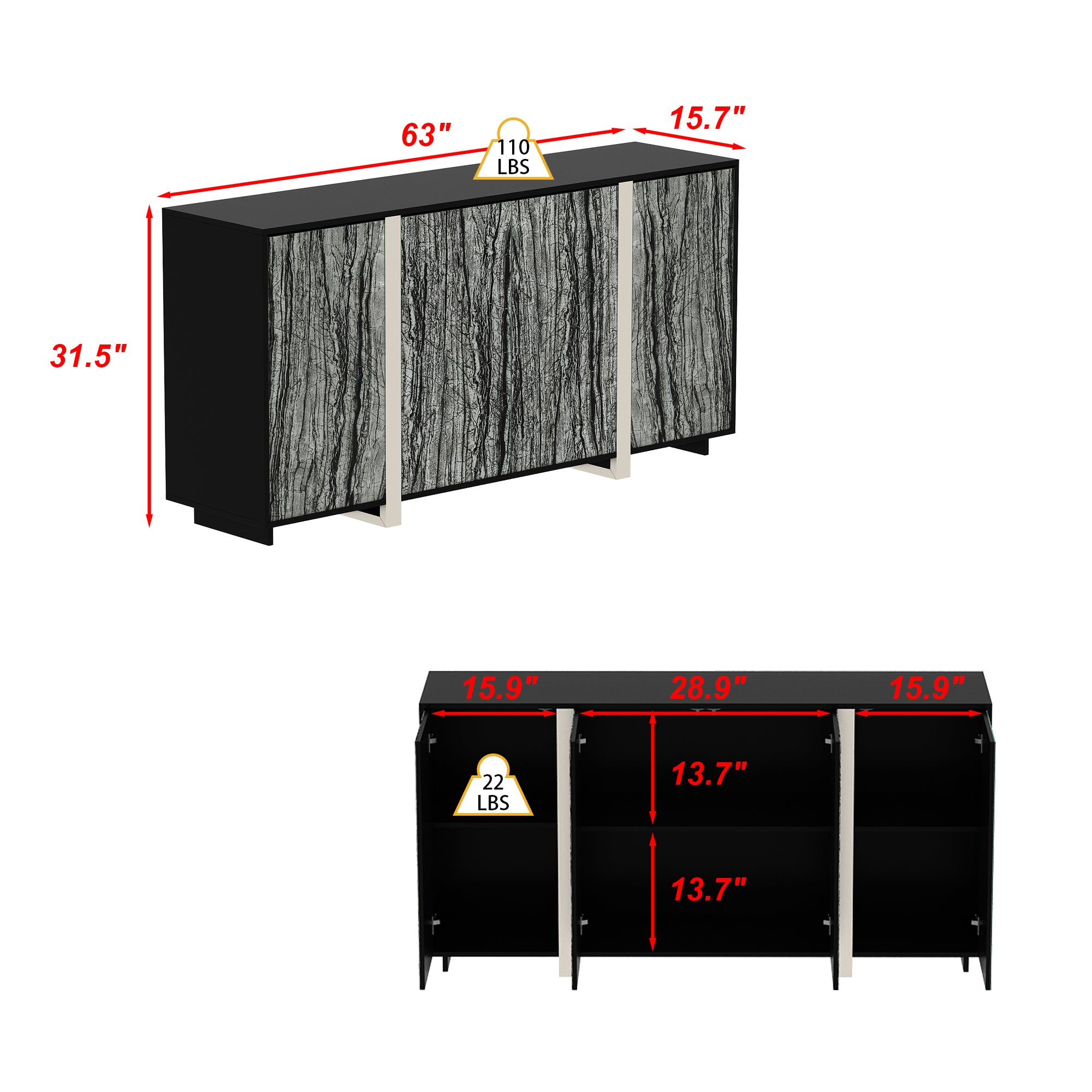 Black Push-to-Open Storage Cabinet with Stone Patterned Glass Doors - Modern Accent Furniture for Living Room, Entryway & Hallway | Perfect for Home Organization & Stylish Decor