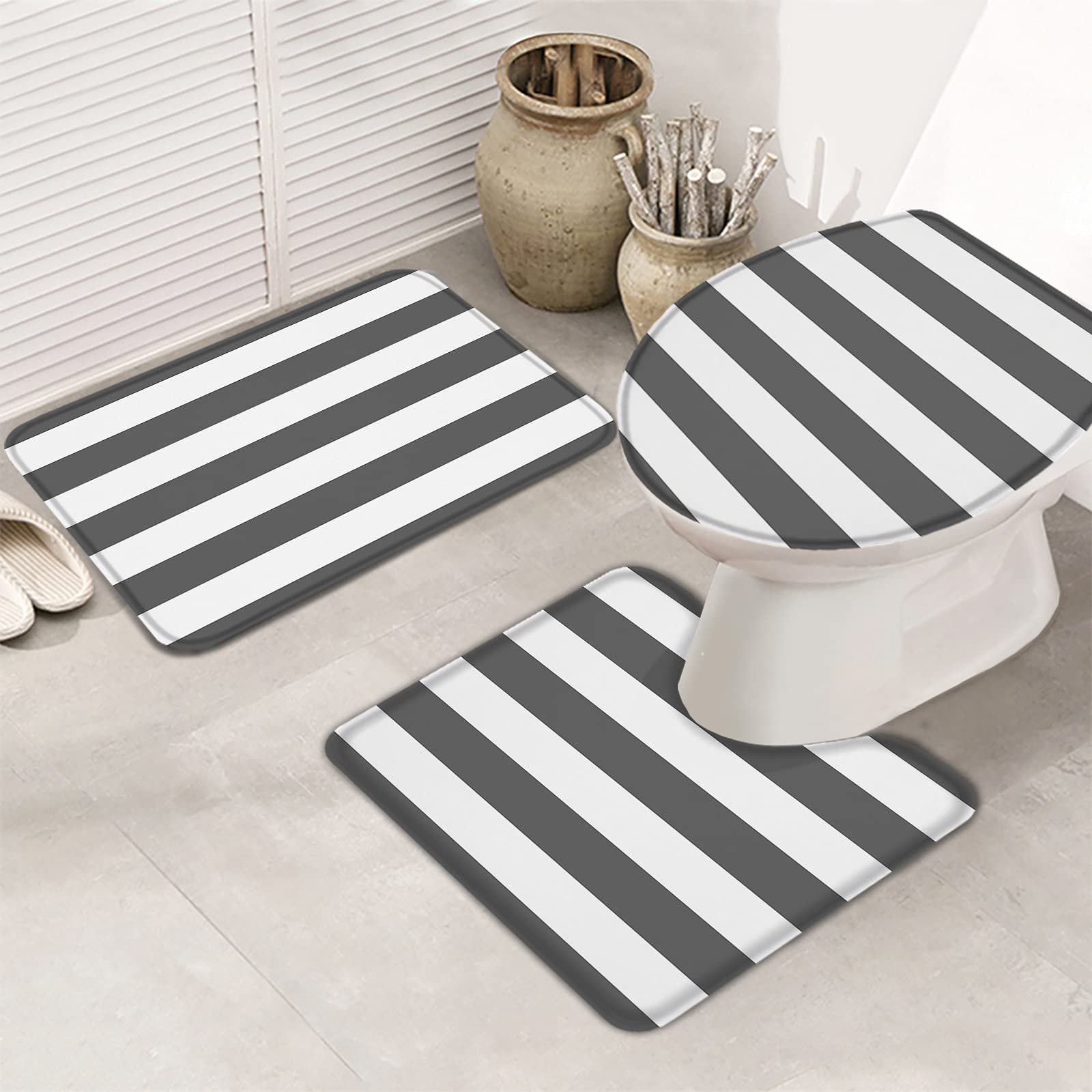 3-Piece Non-Slip Bathroom Rug Set - Gray & White Striped Contour Mat, Toilet Lid Cover & Absorbent Shower Mat | Soft Minimalist Bath Mats for Bathroom Safety & Style | Perfect for Modern Homes, Apartments & Guest Bathrooms
