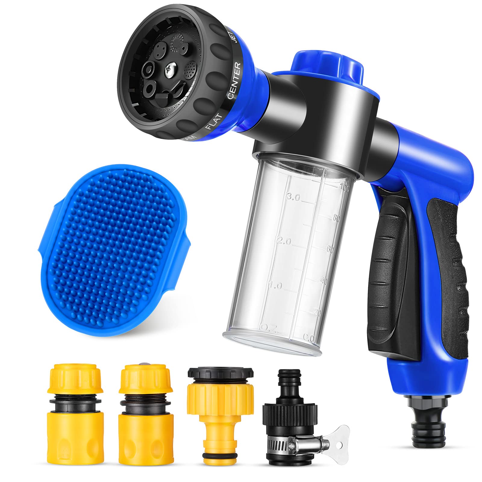 6-Piece Dog Wash Hose Attachment Set with Soap Dispenser, Pet Bathing Tool & Comb Brush - Perfect for Dog Grooming & Bathing at Home (Blue, 9.45 x 6.3 x 2.48 Inches) - Ideal for Outdoor/Indoor Pet Washing, Dog Salon & DIY Grooming