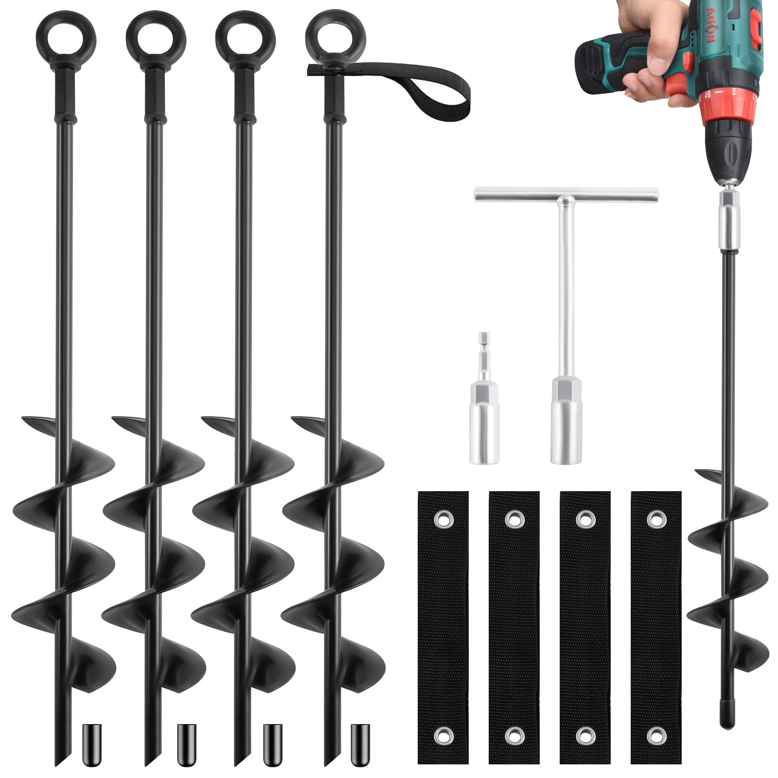 18-Inch Heavy Duty Screw-In Ground Anchors (4 Pack) - Trampoline Anchors & Stakes for High Winds with Wrenches & Straps - Secure Swing Sets, Sheds, Camping Tents, Canopies & Mobile Homes - Perfect for Storm Protection and Outdoor Stability