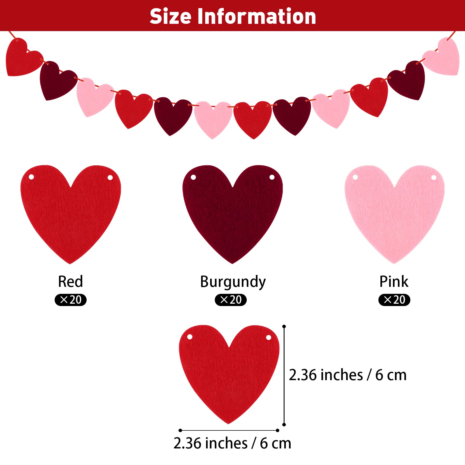 5 Pack Valentine's Day Heart Garland Decorations - Felt Heart Banner for Hanging - Perfect for Valentine's Decor, Anniversary, Fireplace Mantle, Bedroom & Party Decor (Red, White, Pink) - Romantic Home & Wedding Decoration