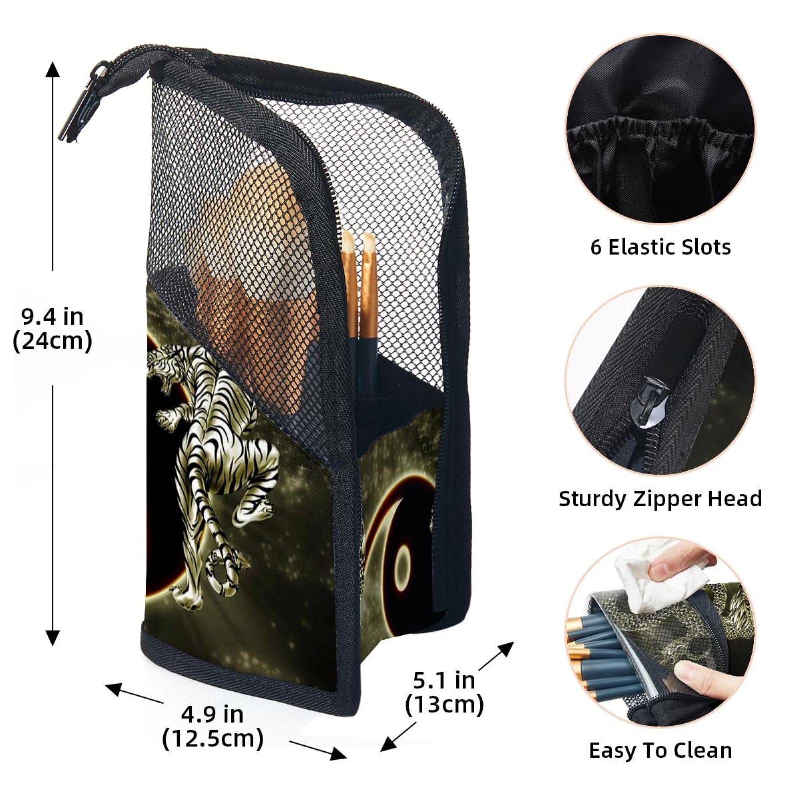 12-Piece Makeup Brush Organizer Bag with Dragon Tiger Tai Chi Design - Portable Makeup Brush Holder Case for Travel & Home Storage