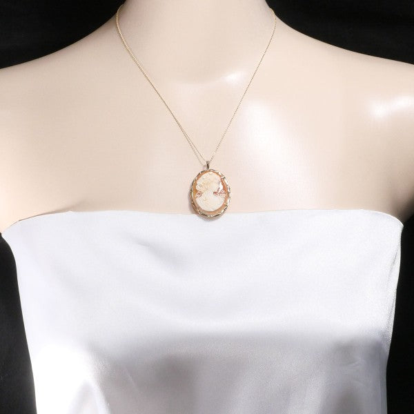14K Yellow Gold Shell Cameo 2-Way Necklace & Brooch - Vintage Elegant Jewelry for Women, Perfect for Weddings, Parties & Special Occasions