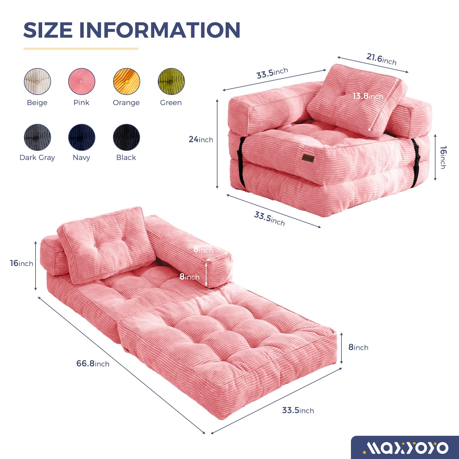 MAXYOYO L-Shaped Folding Sofa Bed - Convertible Sleeper Sofa with Armrests in Pink | Space-Saving Furniture for Small Apartments, Guest Rooms & Home Offices