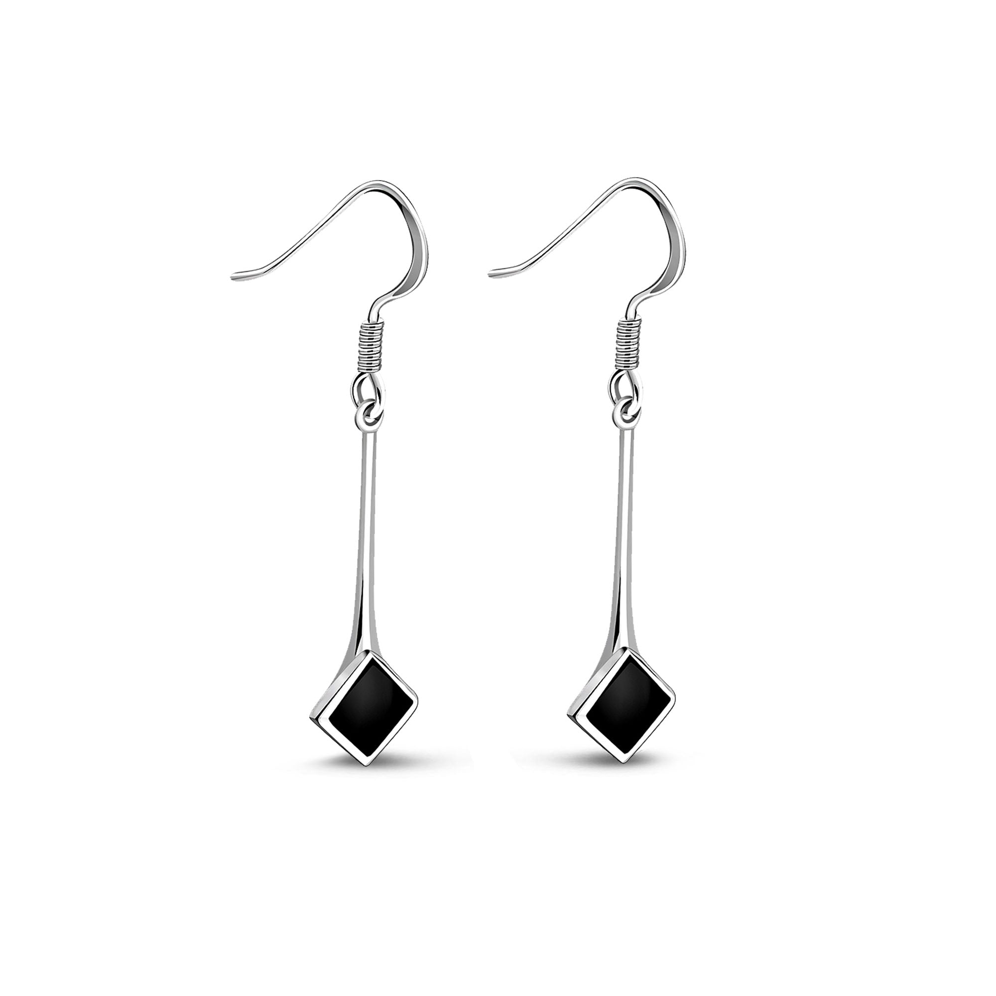 Sterling Silver Whitby Jet Square Long Drop Earrings for Women – Elegant Dangle Earrings for Parties, Weddings & Special Occasions