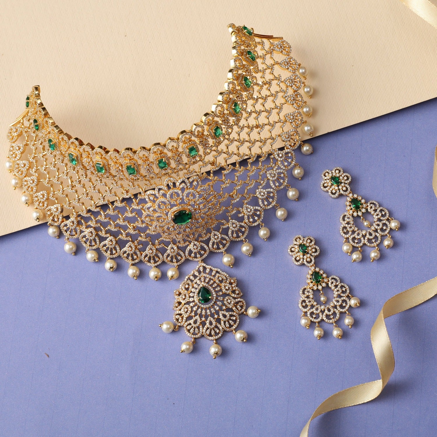 Aruni Nakshatra CZ Bridal Choker Set - Elegant Rhinestone Necklace for Weddings, Prom, Evening Parties & Special Occasions
