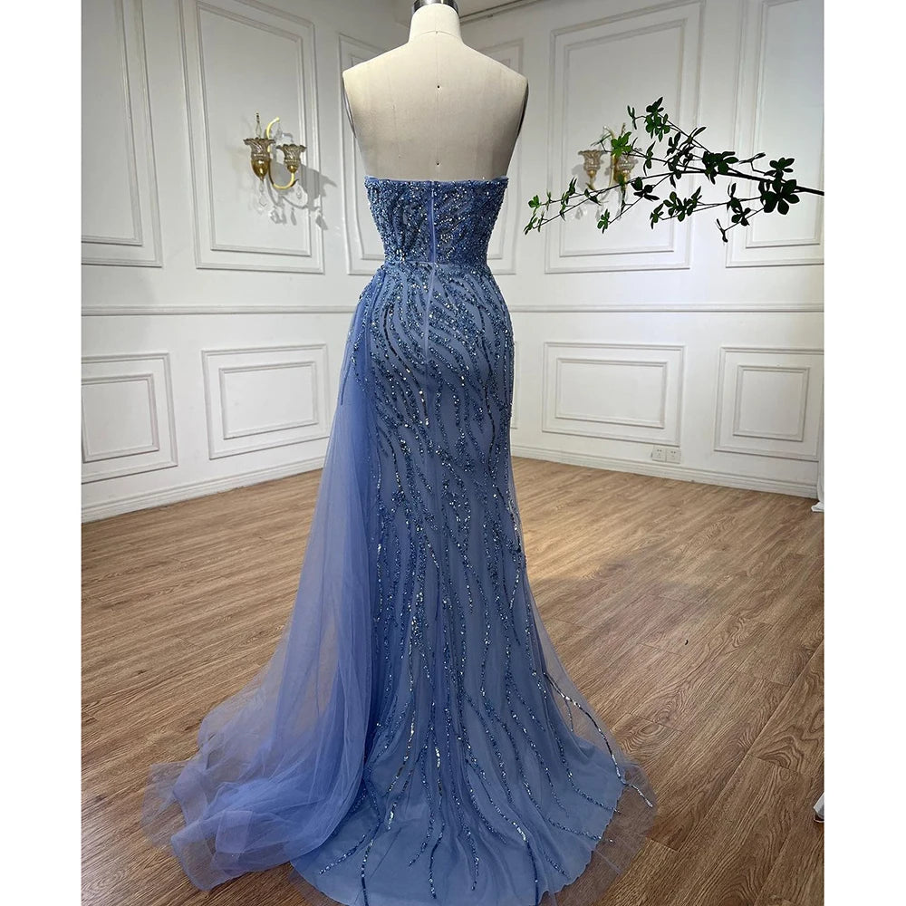 Elegant Blue Mermaid Evening Gown with High Split & Beaded Skirt - Women's Formal Party Dress for Prom, Wedding, Gala & Special Occasions