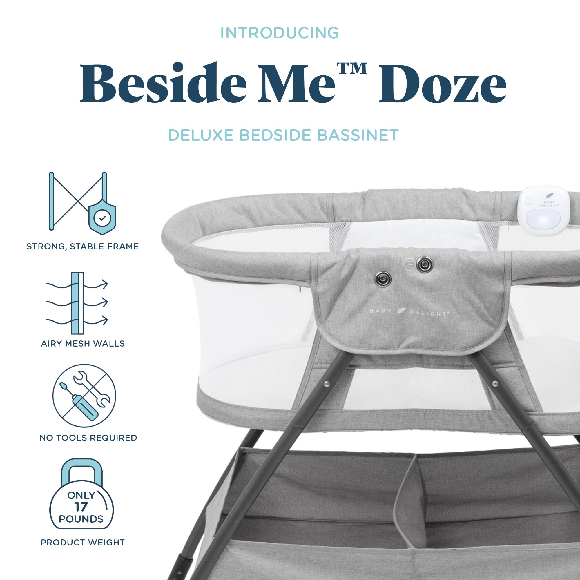 Baby Delight Beside Me Doze Deluxe Portable Bassinet - Foldable Bedside Sleeper with Removable Canopy for Newborns | Safe Co-Sleeping Solution in Pebble Grey | Perfect for Nursery, Bedroom & Travel
