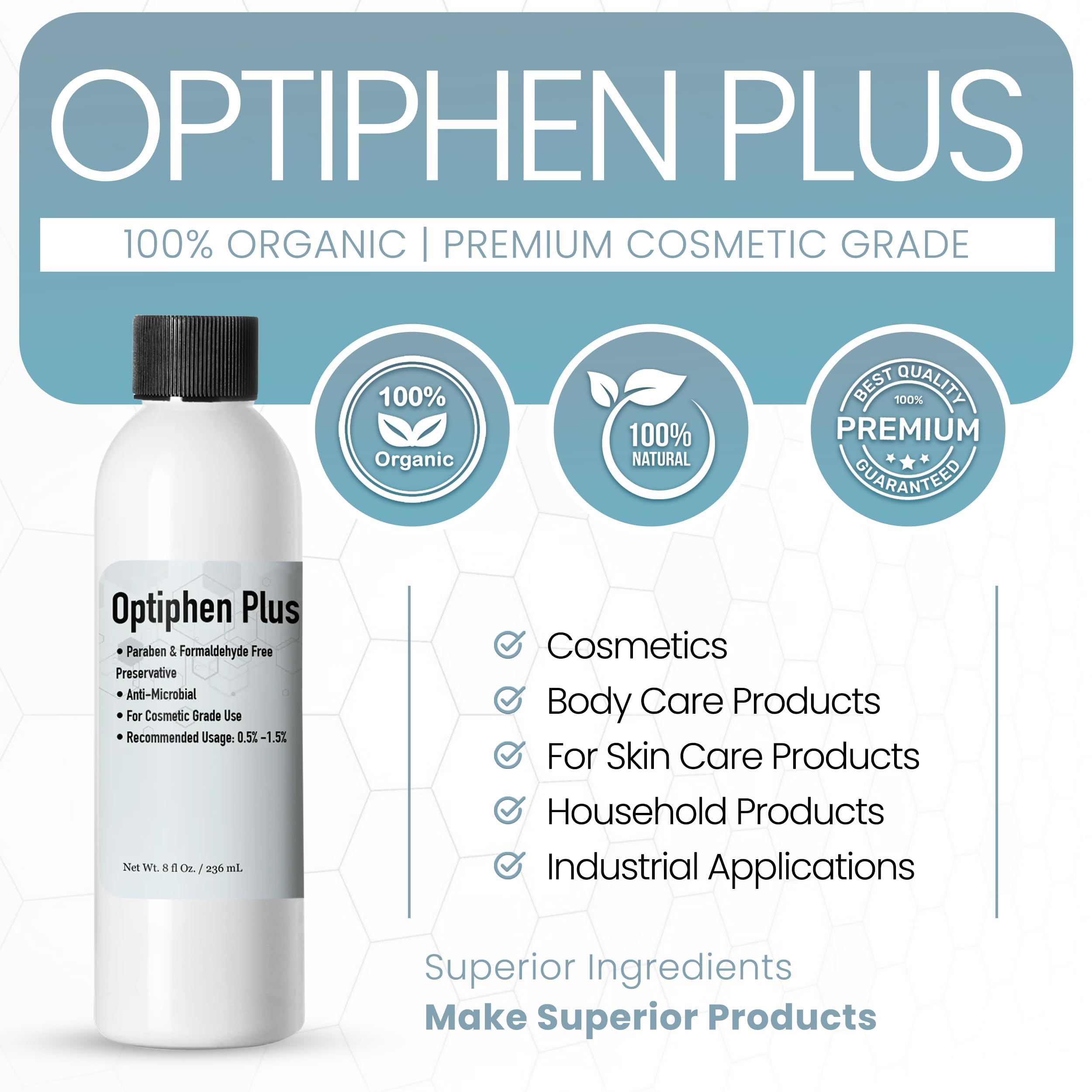 Optiphen Plus Natural Preservative for Cosmetics – 8 oz (236 mL) | DIY Lotion, Serum & Skincare Preservative | Vegan, Paraben-Free | Extends Shelf Life for Homemade Beauty Products
