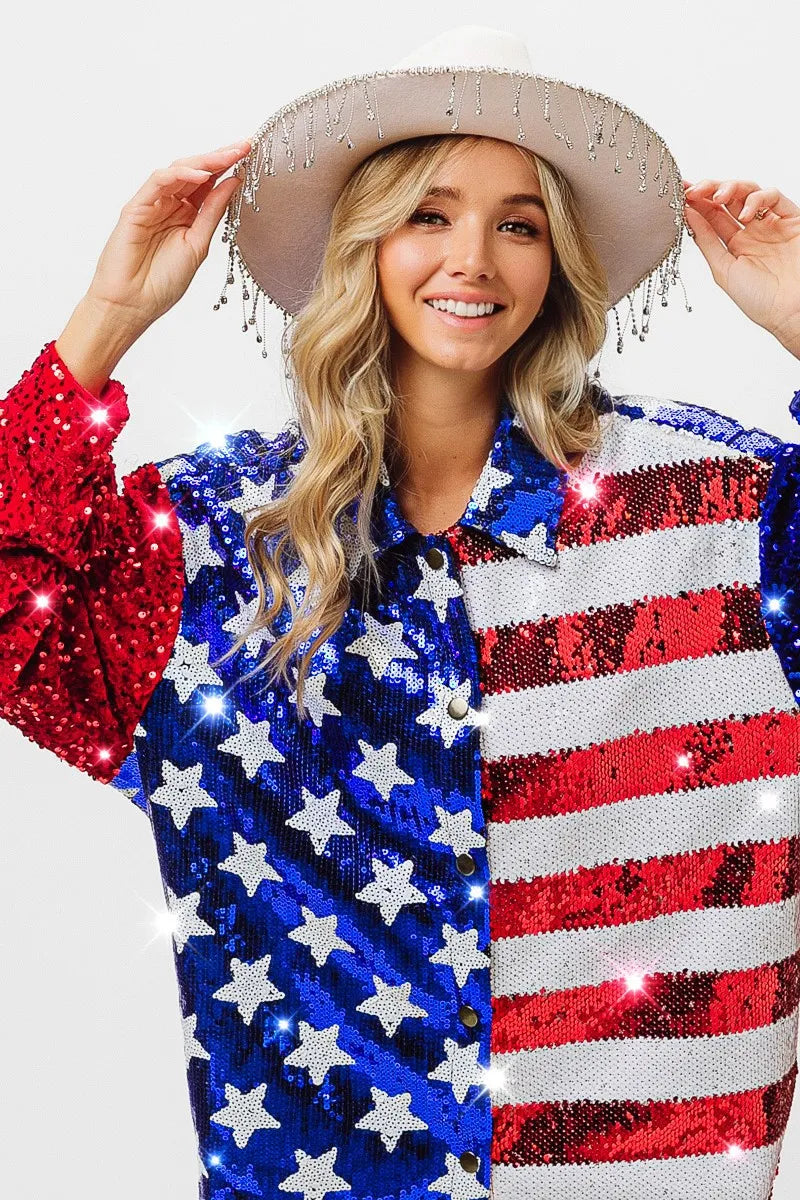 BiBi Velvet Sequin American Flag Shirt - Patriotic Women's Fashion Top for 4th of July, Parties & Festive Events