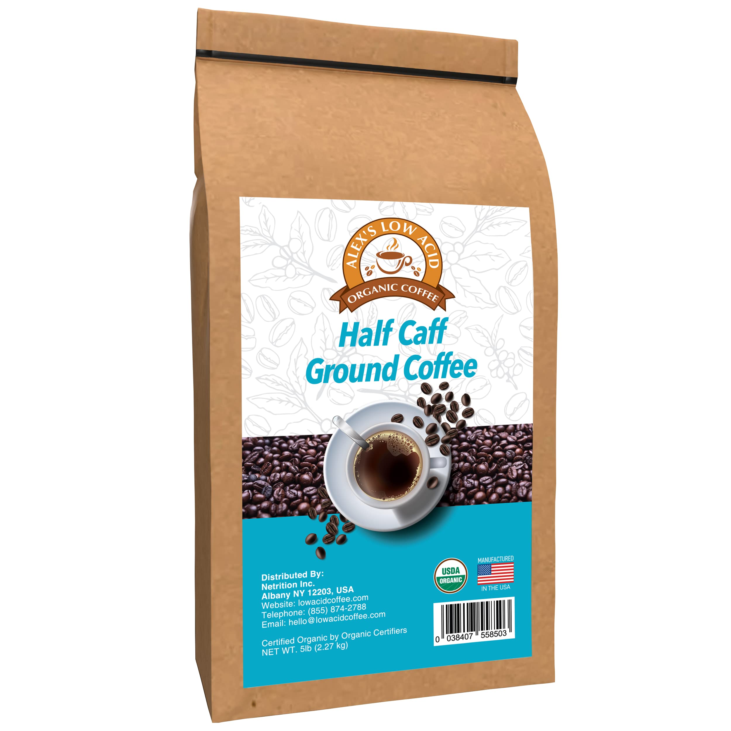 Organic Low Acid Coffee 5lb Bag - Half Caffeine Fresh Ground for Sensitive Stomach & Morning Energy Boost