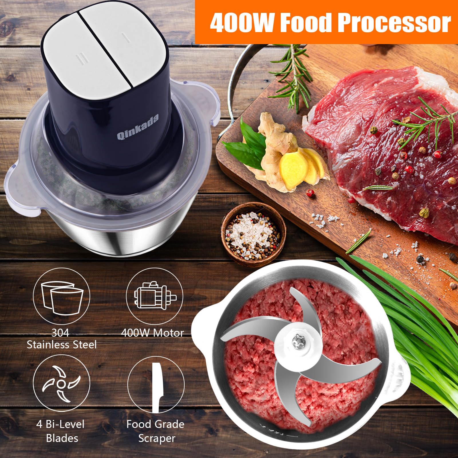 400W Electric Food Processor with 2 Speeds - Includes 2 Stainless Steel Bowls (8 Cup), Meat Grinder, Chopper, 2 Blades & Spatula - Perfect for Meal Prep, Smoothies & Homemade Baby Food (Blue)