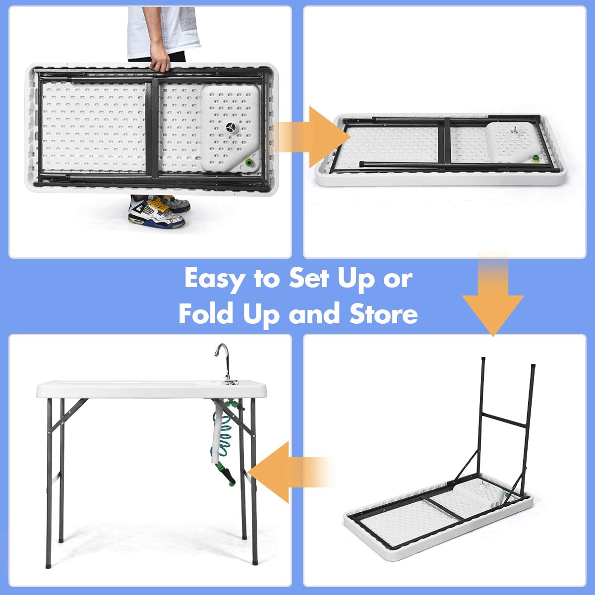 GYMAX Foldable Fish Cleaning Table with Sink & Adjustable Sprayer - Portable Outdoor Fillet Station with Rotatable Faucet for Fishing, Camping, Picnic, Backyard & Beach Use
