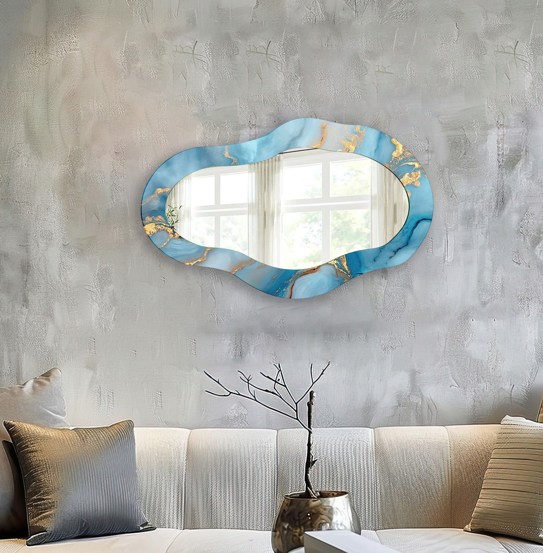 Abstract Blue Asymmetrical Wall Mirror - Modern Decorative Mirror for Living Room, Bedroom, or Entryway - Unique Home Decor Accent Piece